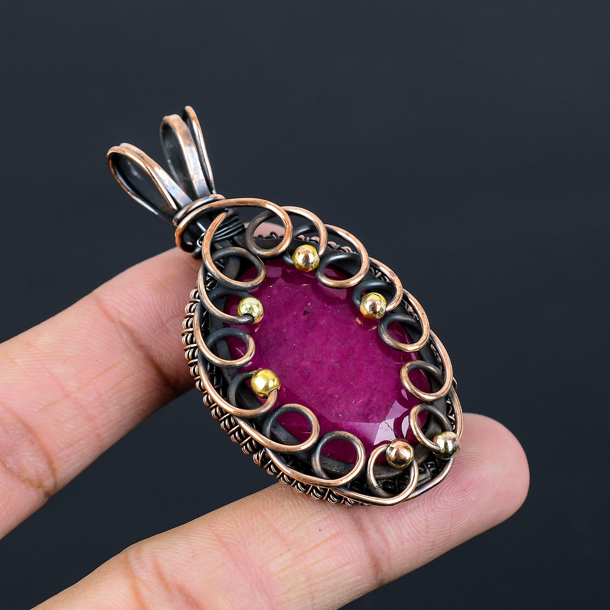 Kashmiri Red Ruby Gemstone Pure Copper Wire Wrapped Handmade Jewelry Pendant