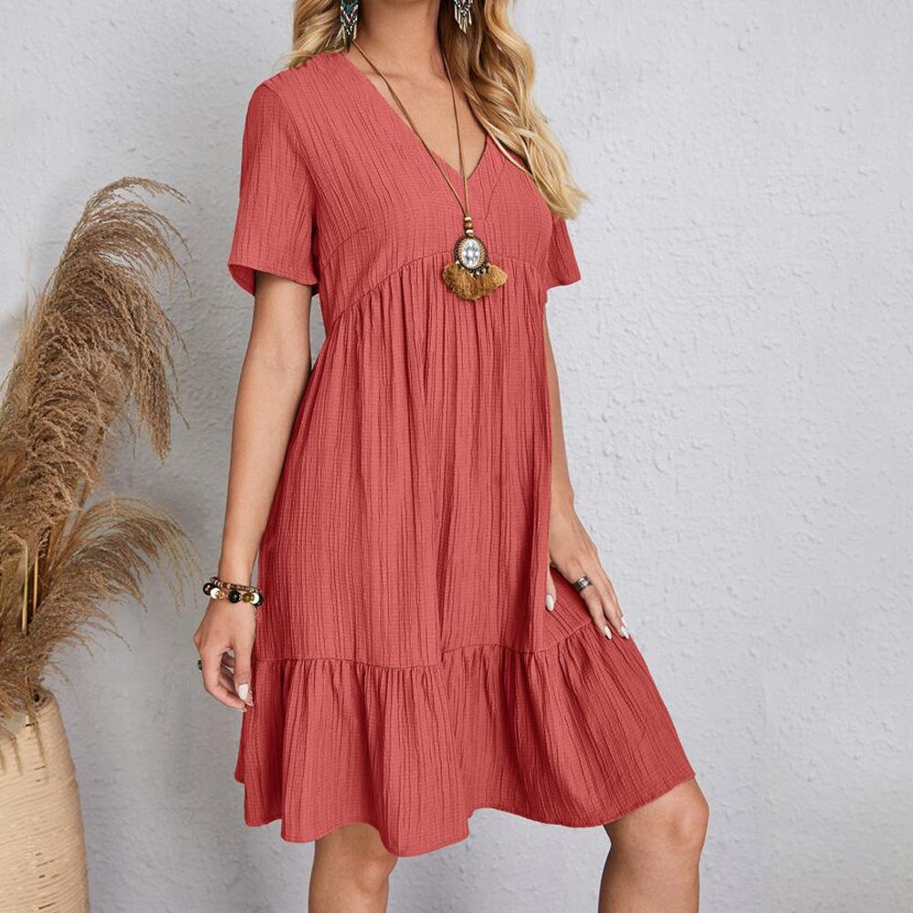 Stylové dámské šaty v blízkovýchodním stylu, s výstřihem do V, jednobarevné, elegantní, volného střihu, zakrývající břicho, na dovolenou, retro, niche design, krátký rukáv