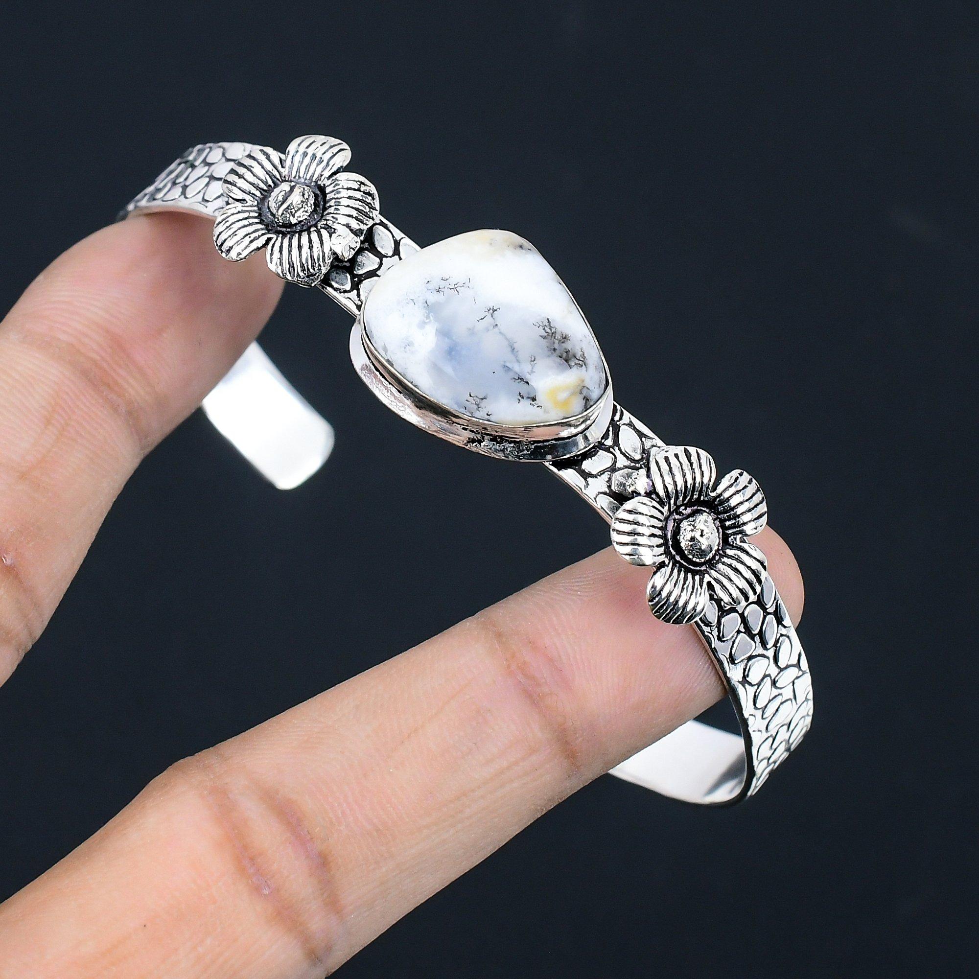 Daughters Day Deal 925 Silver Dendrite Opal Gemstone Wife Flower Bangle Jewelry