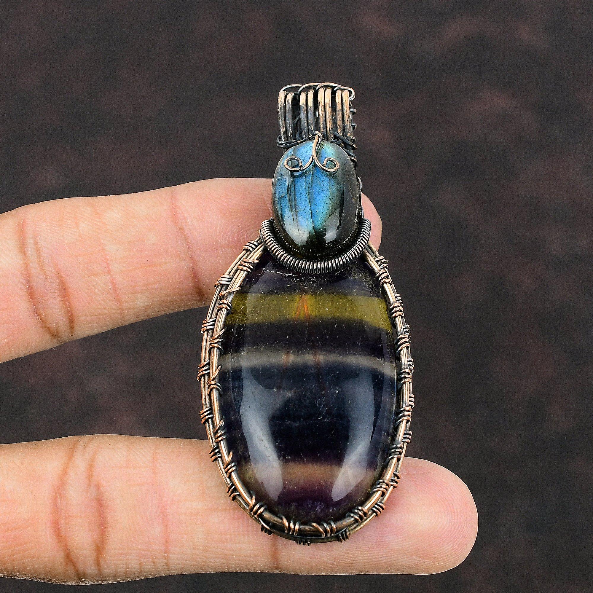 Multi Fluorite Copper Pendant Wire Wrapped Pendant Natural Gemstone Jewelry Labradorite Pendant Copper Jewelry Handmade Pendant Gift For Her