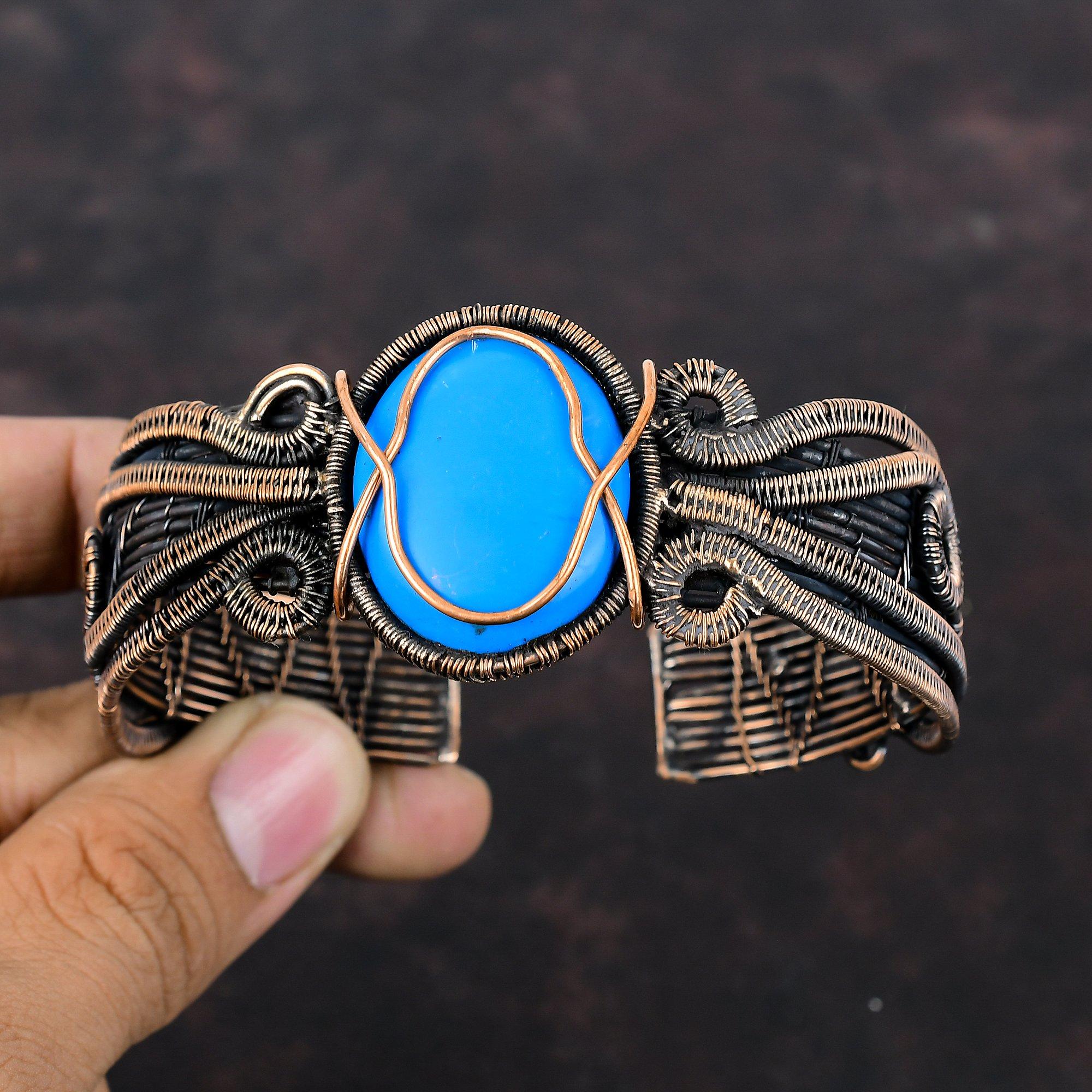 Dornröschen Türkis Armreif Kupferdraht umwickelter Armreif Verstellbarer Armreif Handgefertigter Edelstein Armreif Kupferdraht Schmuck Geschenk für Ihn