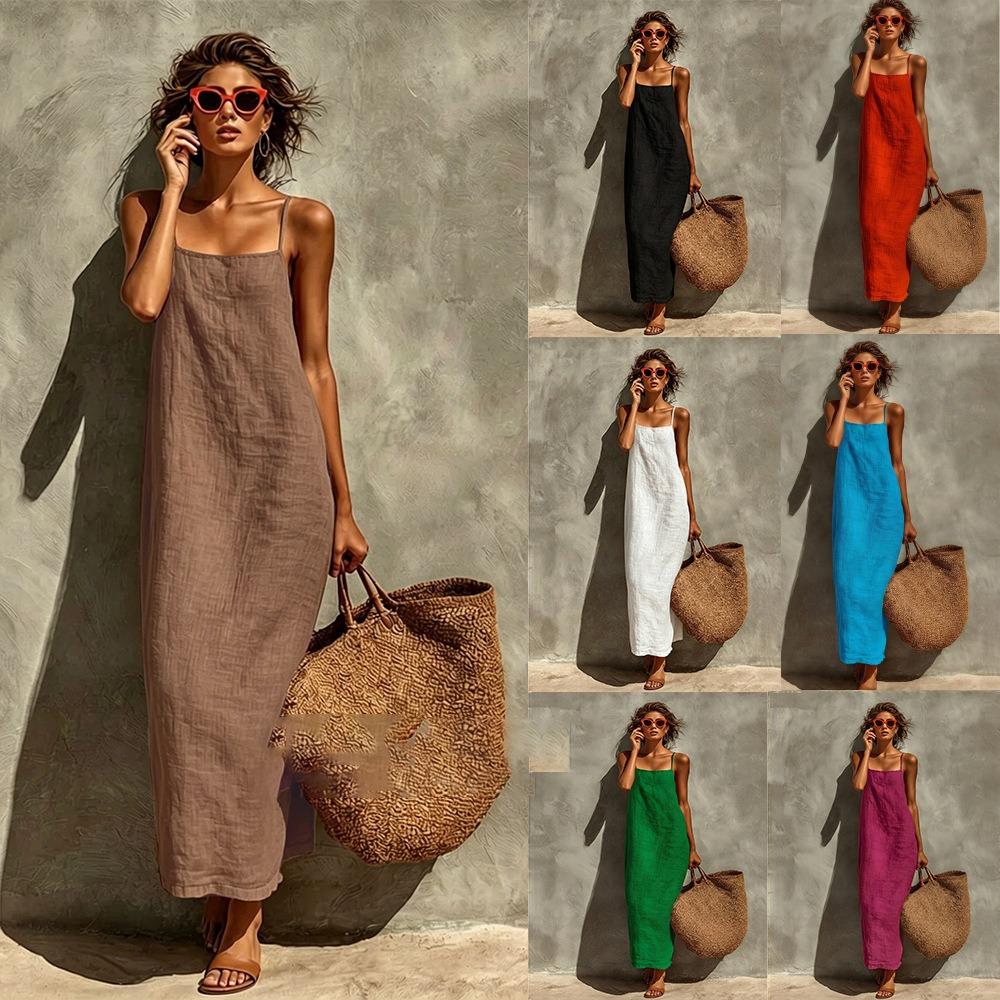Women New Summer Solid Color Sling Dress, Loose Comfortable Casual Sleeveless Midi Dress
