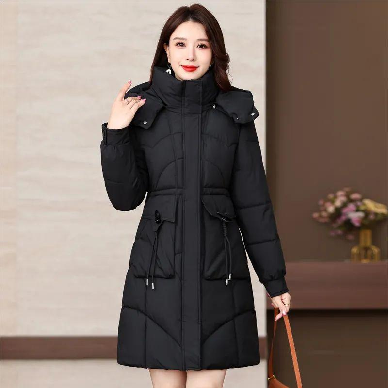 Winter Women Medium To Long Cotton Jacket Thickened Warm Casual Stand Collar Hooded Parker Coat Solid Color Warm Cotton Jacket