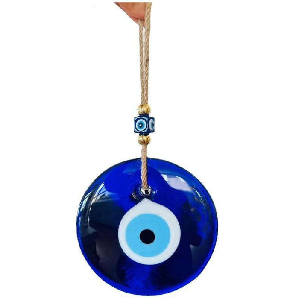 Bohemian Evil Eye Glass Wall Hanging, Turkish Nazar Amulet With Jute Rope, 2 Sizes For Home & Car Decor