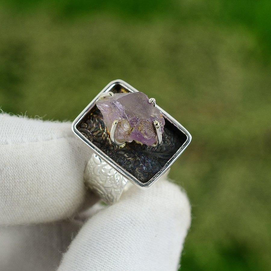 Gift For Her Natural Amethyst Rough Statement Adjustable Ring 925 Silver