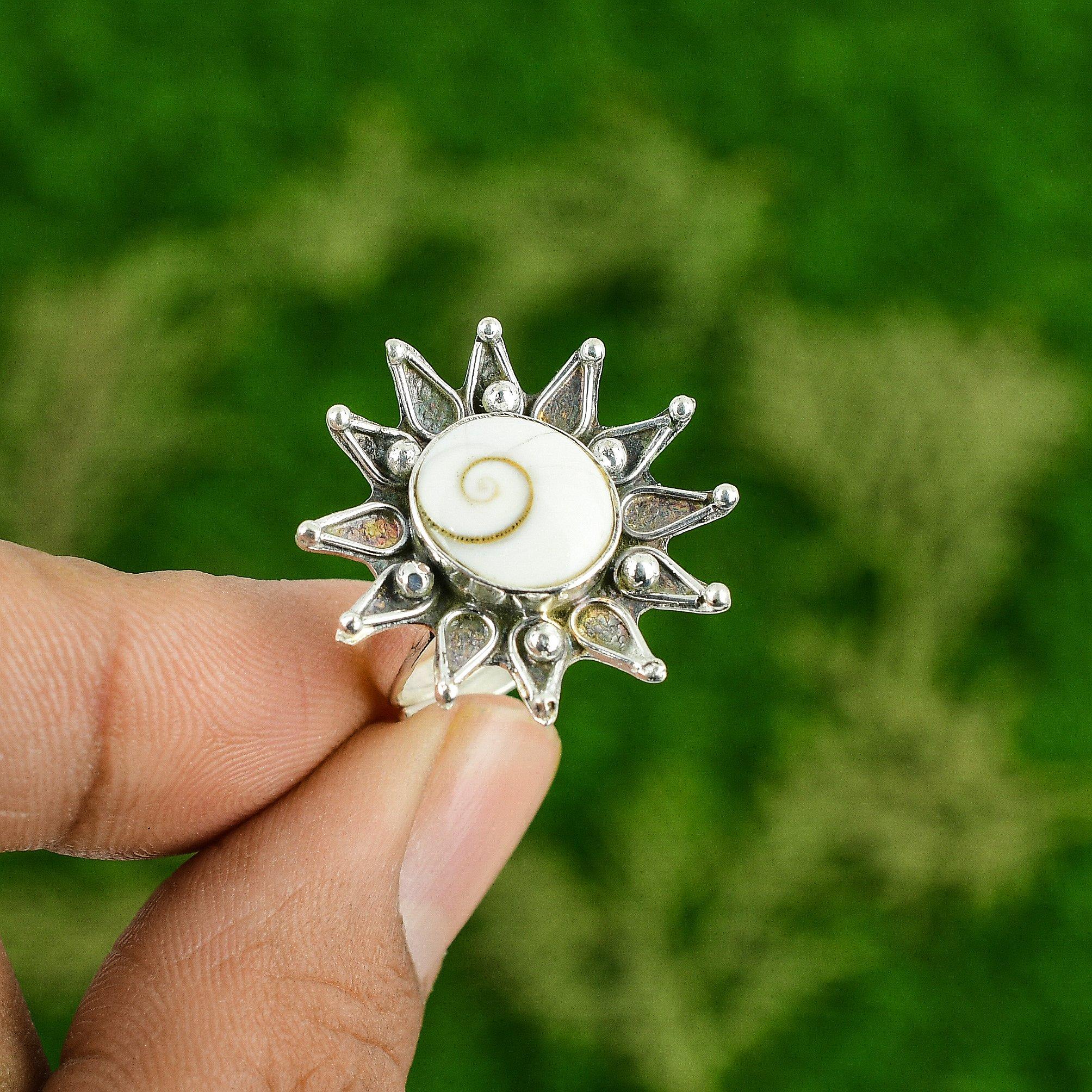 Natural Shiva Eye Shell Gemstone Promise Flower Adjustable Ring 925 Silver