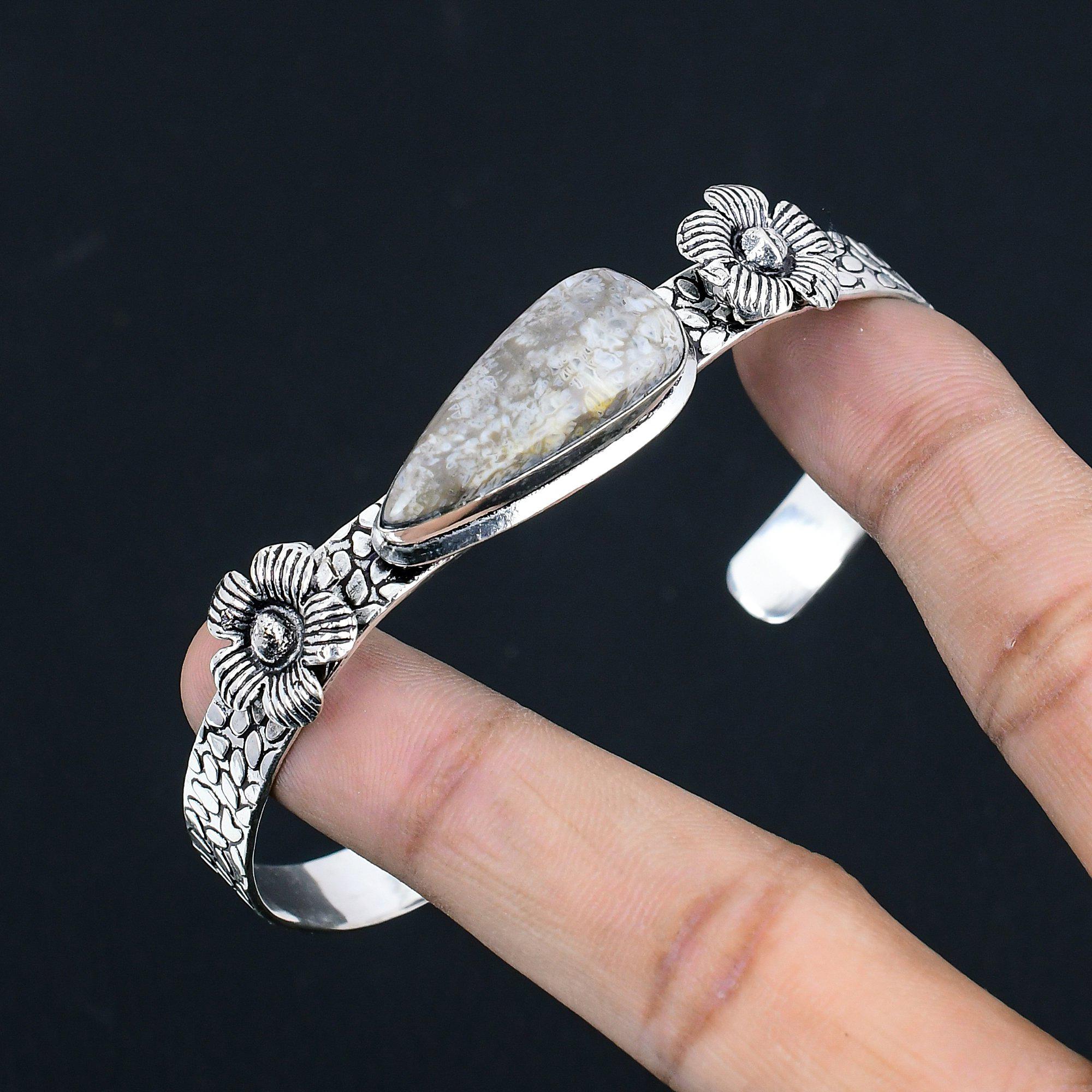 Natürlicher Fossilkorallen Edelstein 925 Silber Armreif Blume Verstellbar für Mädchen