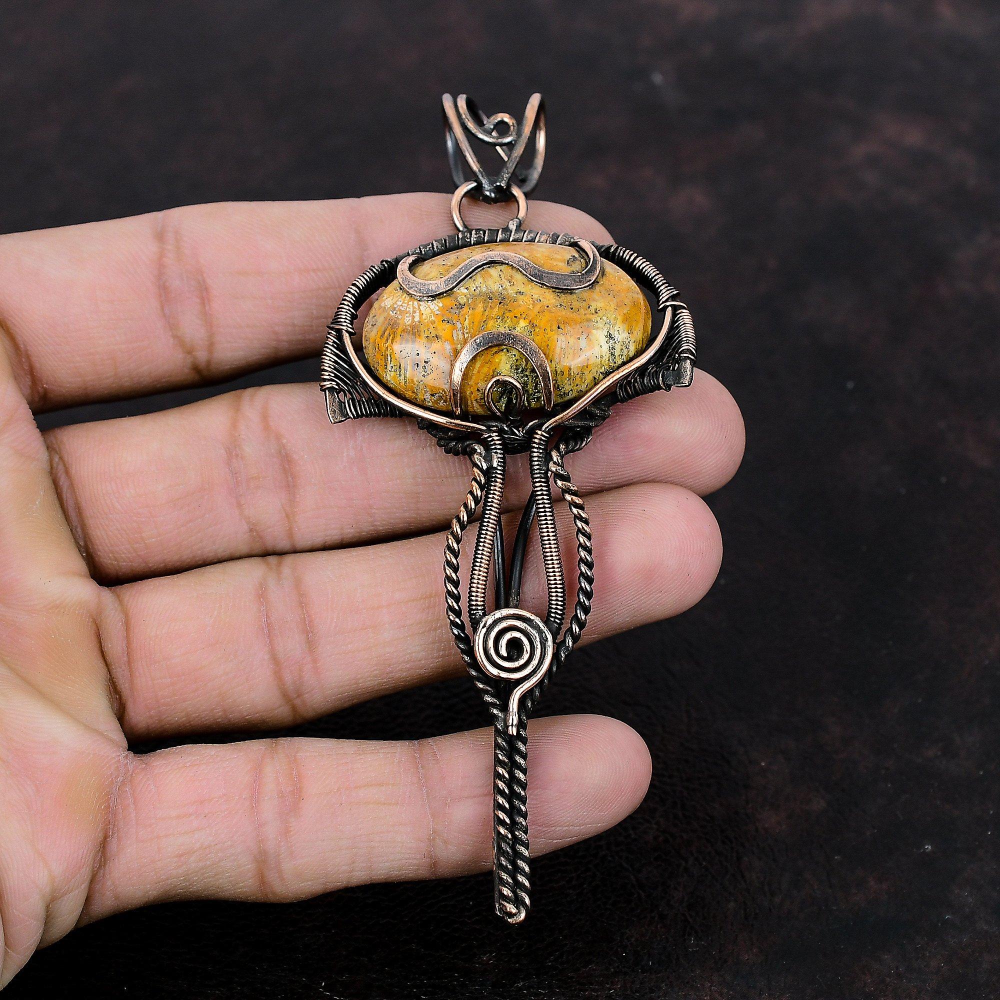 Fossil Coral Pendant Copper Wire Wrapped Gemstone Pendant Handmade Copper Jewelry Stylish Pendant Natural Fossil Coral Jewelry Gift For Mom