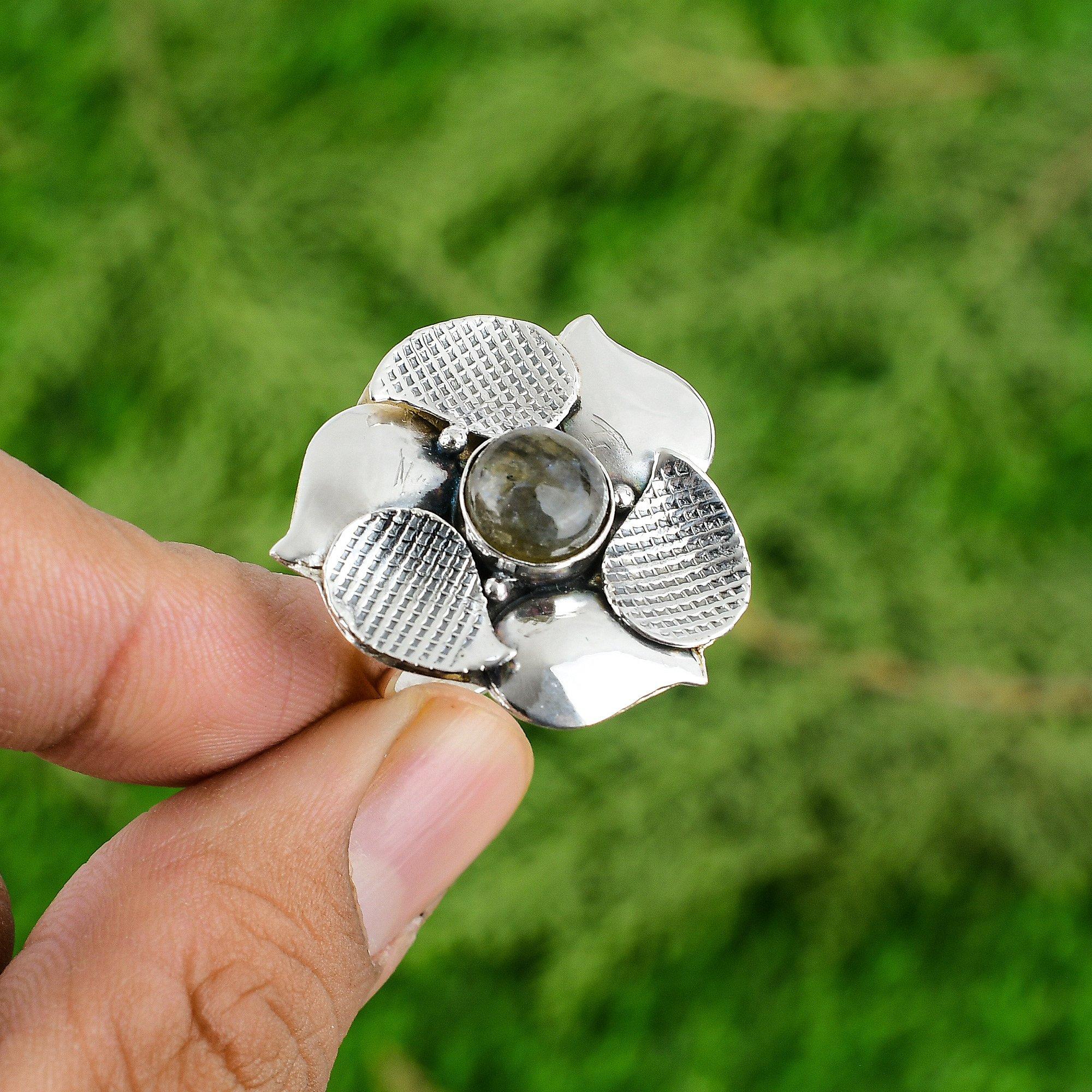 Natural Labradorite 925 Silver Solitaire Flower Adjustable Ring For Girls