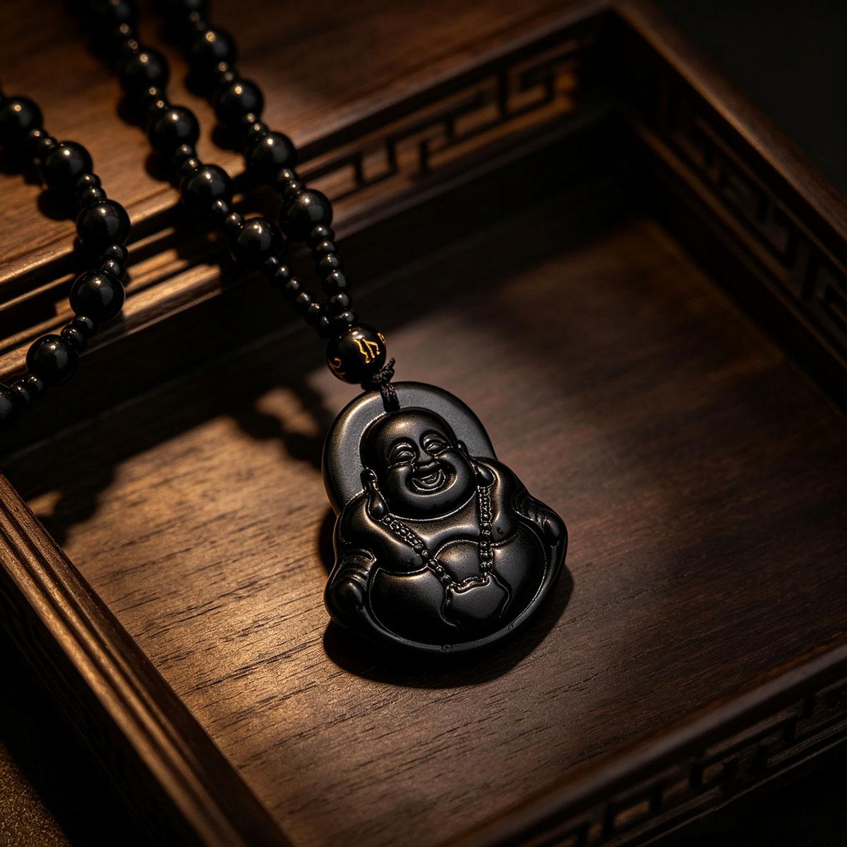 Daily new style black laughing Buddha pendant with beads necklace Buddha amulet men and women couple versatile accessory sweater chain