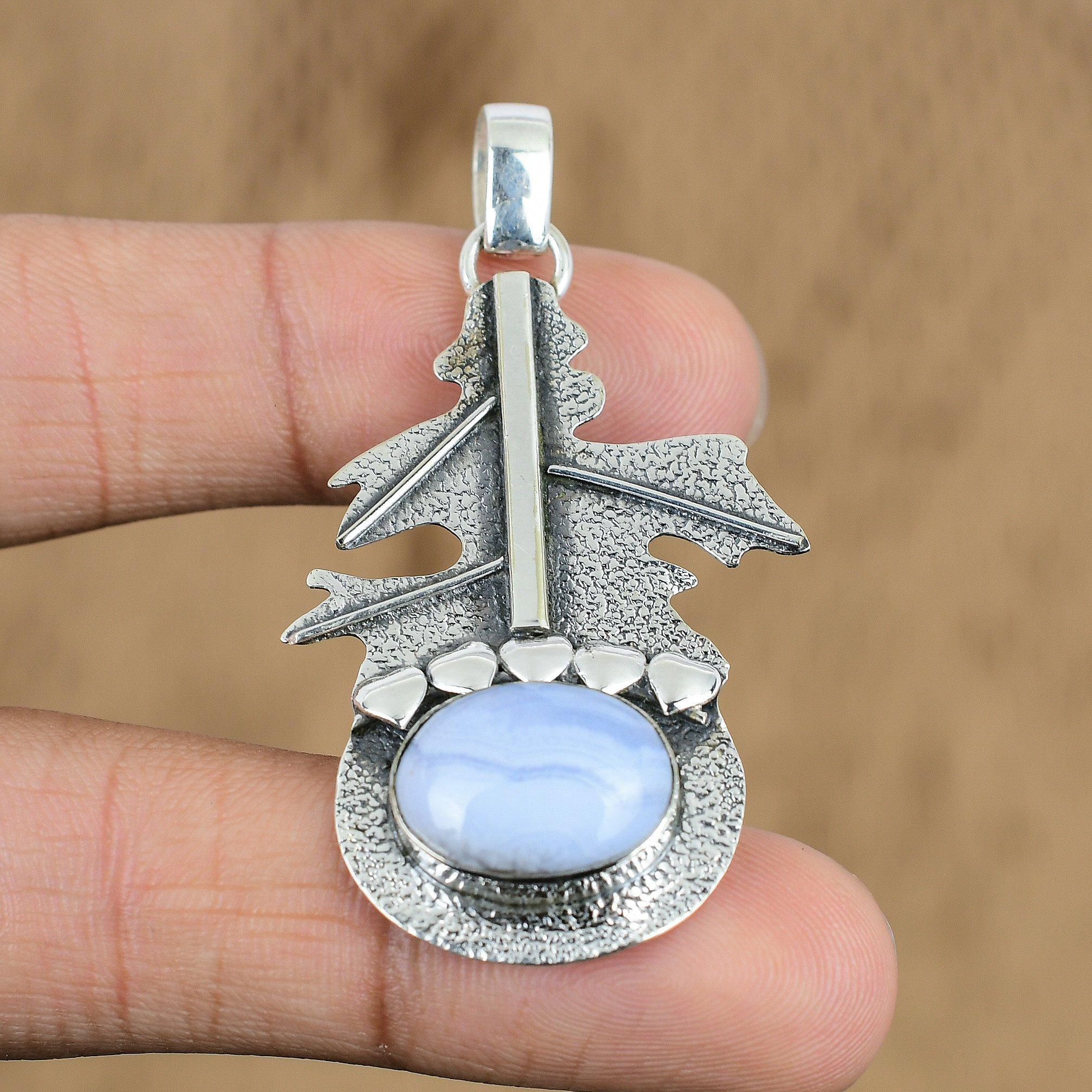Wedding Gift For Her 925 Silver Natural Blue Lace Agate Gemstone Pendant