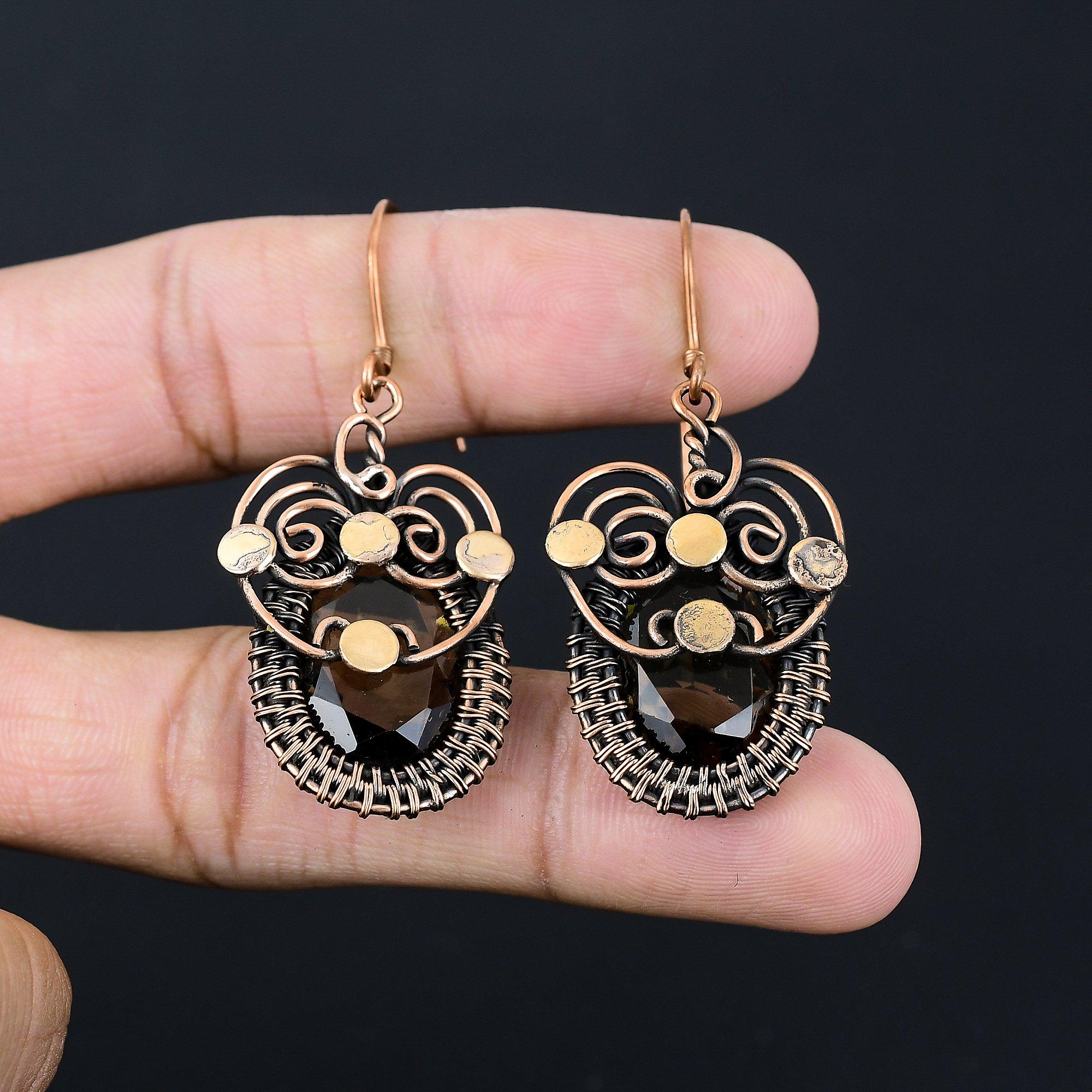 Beautiful Smoky Topaz Gemstone Handmade Pure Copper Wire Wrapped Earring Jewelry