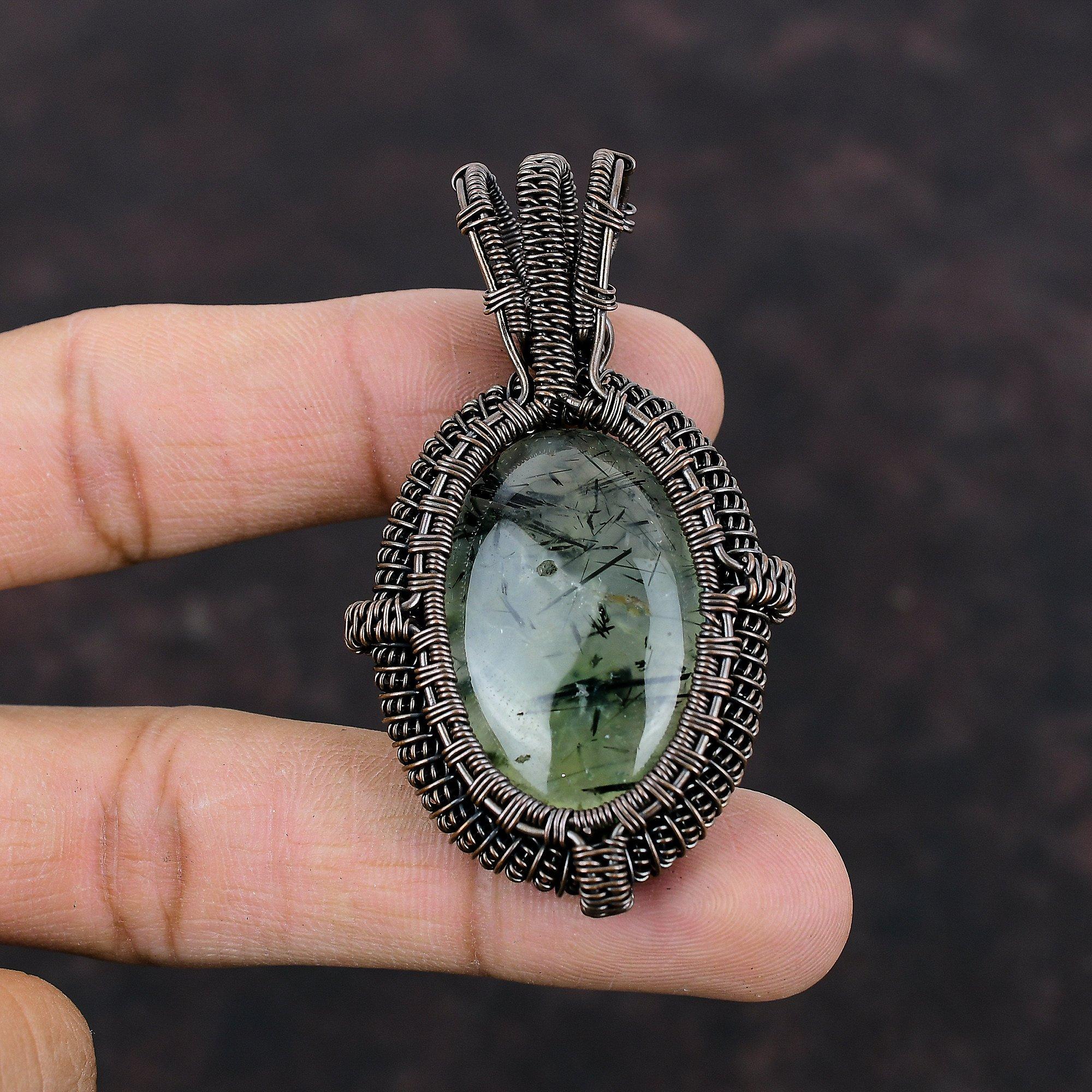 Moss Prehnite Pendant Copper Wire Wrapped Pendant Moss Prehnite Jewelry Handmade Pendant Gemstone Jewelry For Gift Wonderful Copper Jewelry