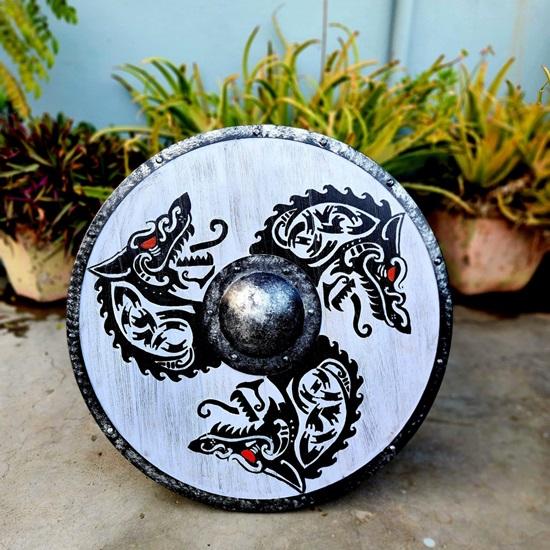 60.96 Cm Wooden Shield Dragon Print Medieval Viking Shield Replica Valhalla Shield Fenrir Gray Battle Worn Shield