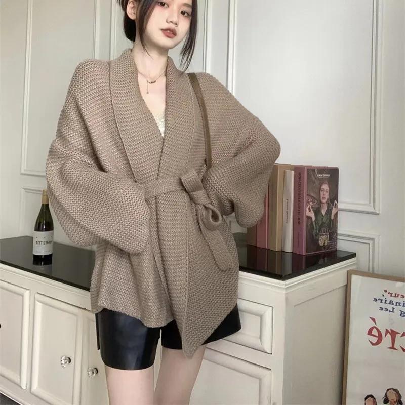 Knitted Female Cardigan Bathrobe Wind Aura Type Lace Up Autumn Winter Lazy Loose Sweater