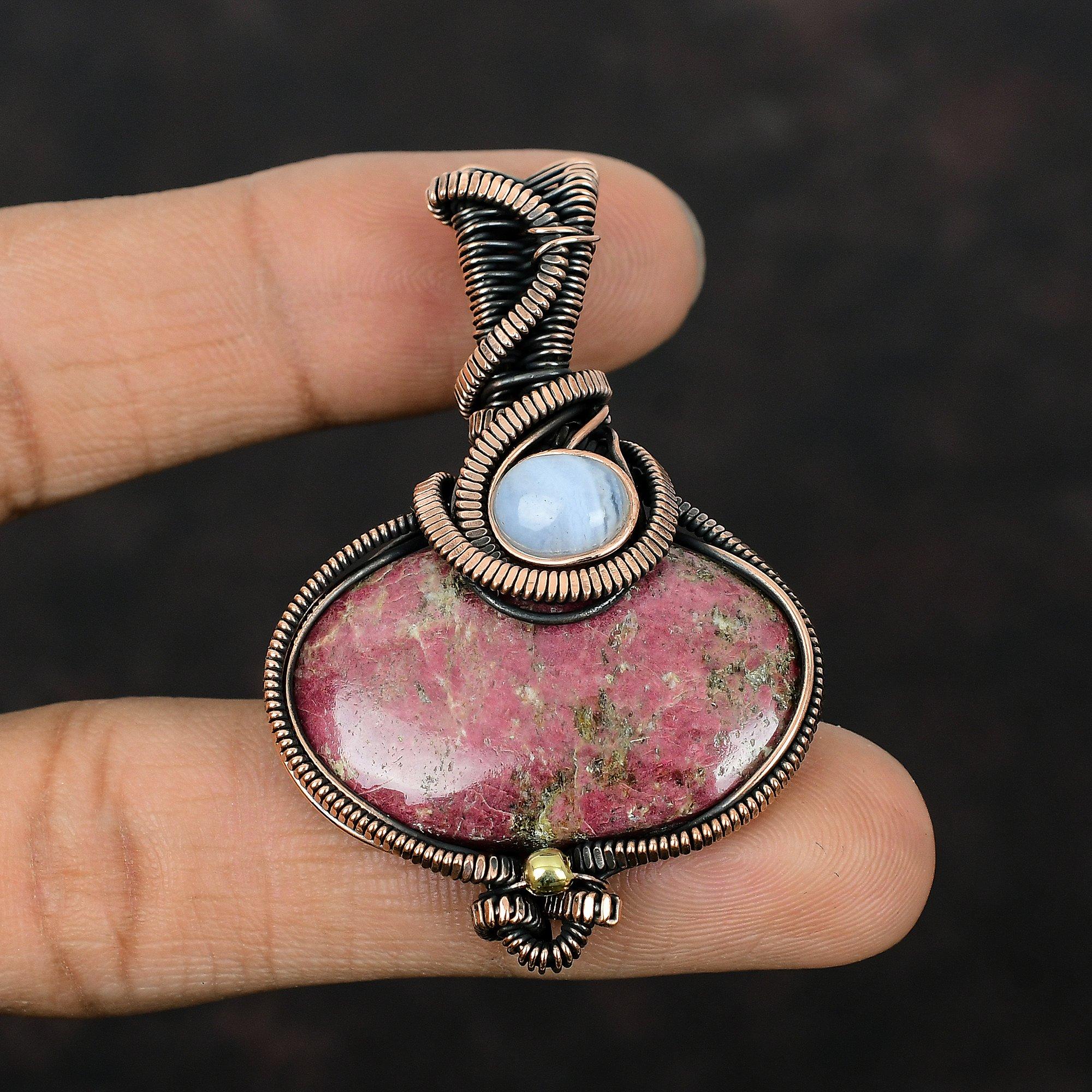 Thulite Pendant Copper Wire Wrapped Jewelry Blue Lace Agate Pendant Handmade Copper Pendant Gemstone Jewelry Gift For Mom Wire Wrap Pendant