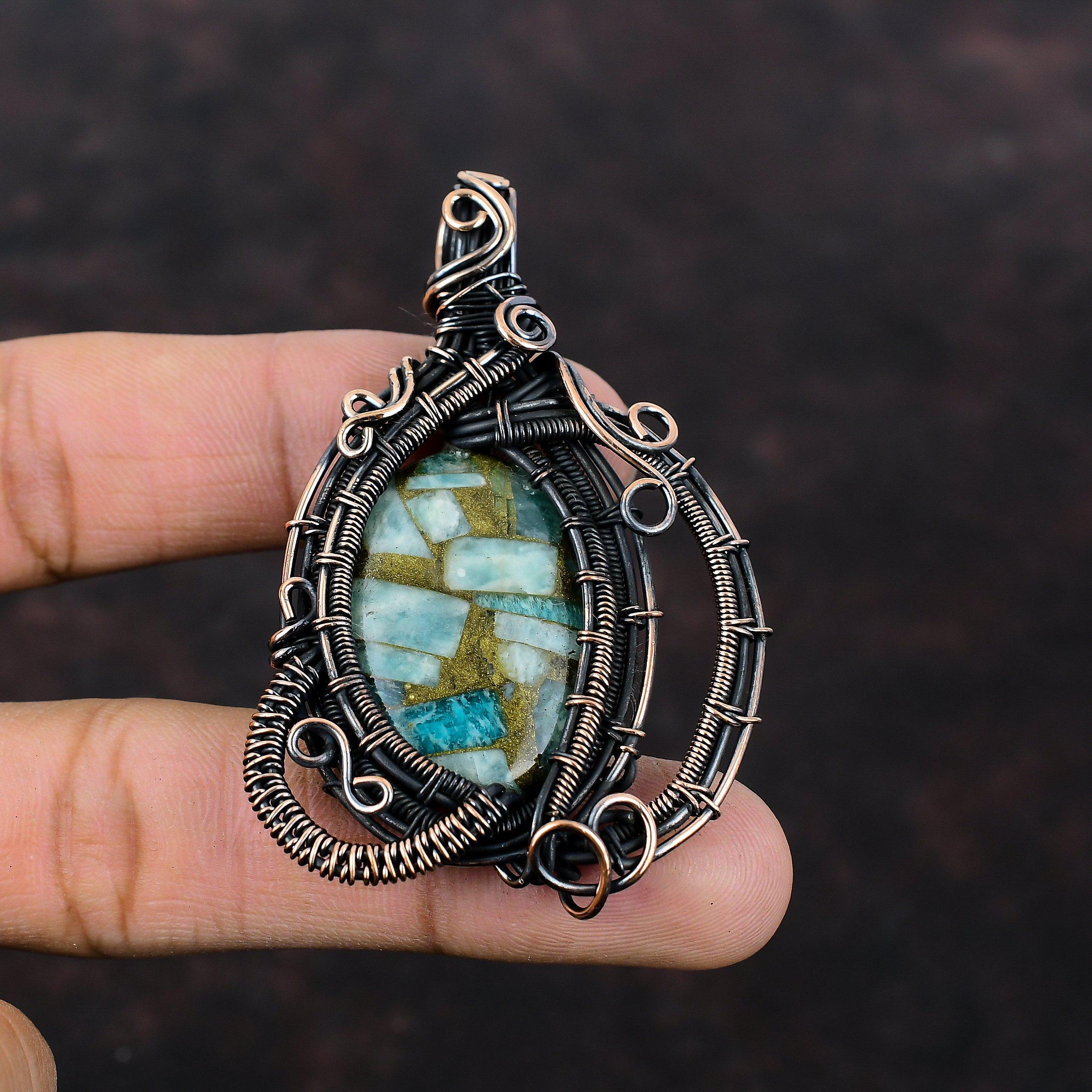 Copper Amazonite Pendant Copper Wire Wrapped Pendant Natural Gemstone Handmade Pendant Copper Wire Wrap Jewelry Elegant Pendant Gift For Him