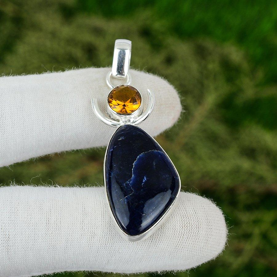 925 Sterling Silver Sodalite Stone Citrine Third Eye Chakra Trendy Wife Pendant