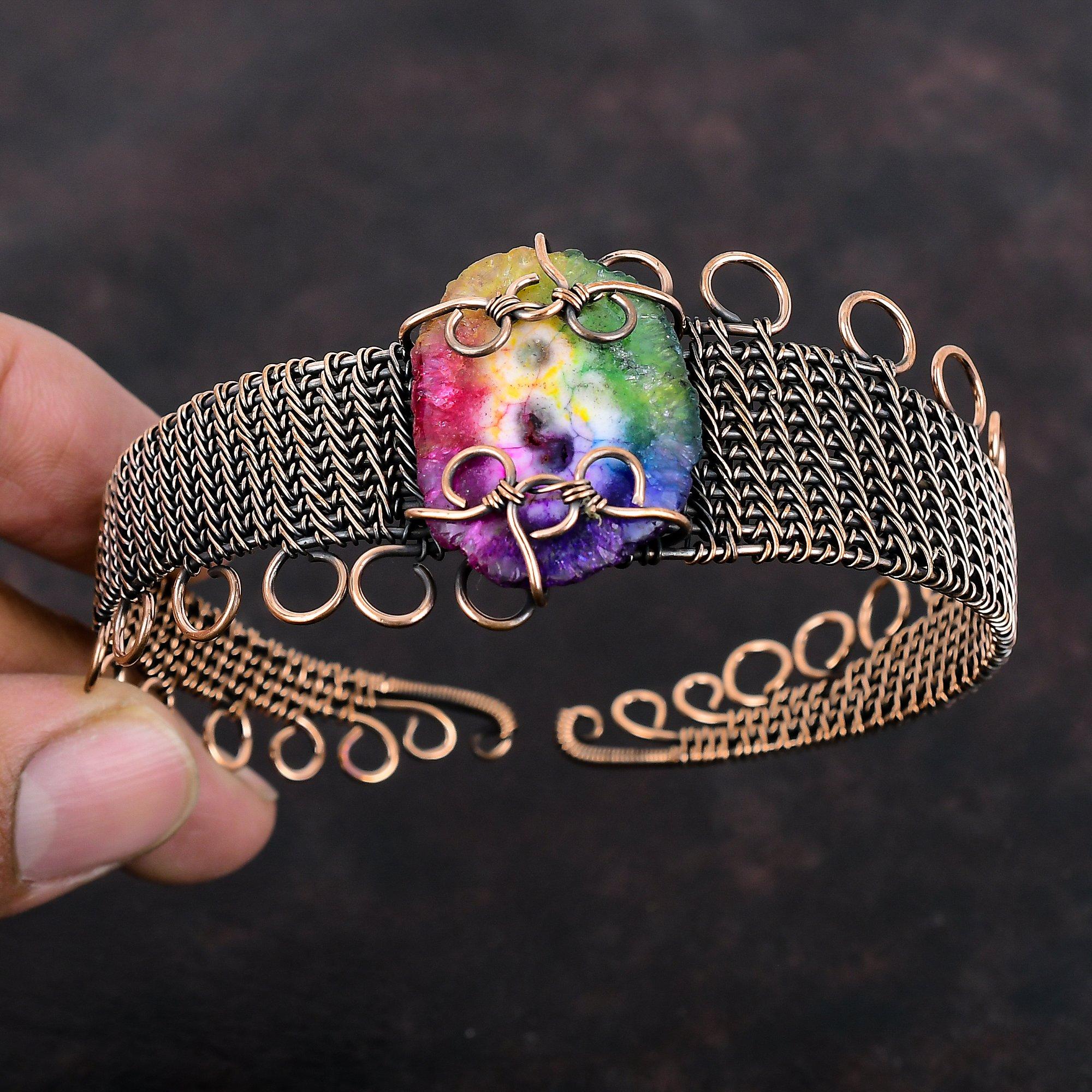 Rainbow Solar Quartz Druzy Bangle Copper Wire Wrapped Cuff Bracelet Adjustable Gemstone Bangle Handmade Bracelet Copper Jewelry Gift For Him