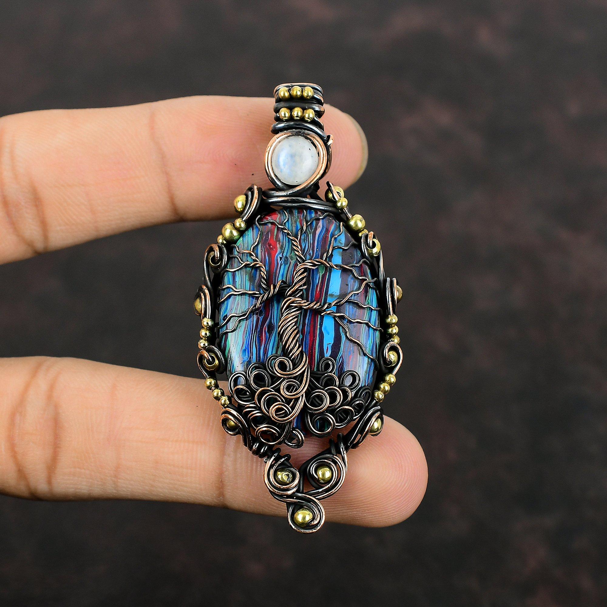 Baum des Lebens Regenbogen Calsilica Anhänger Kupferdraht gewickelt Anhänger Regenbogen Mondstein Edelstein Anhänger handgemachter Kupferschmuck Geschenk für Frauen