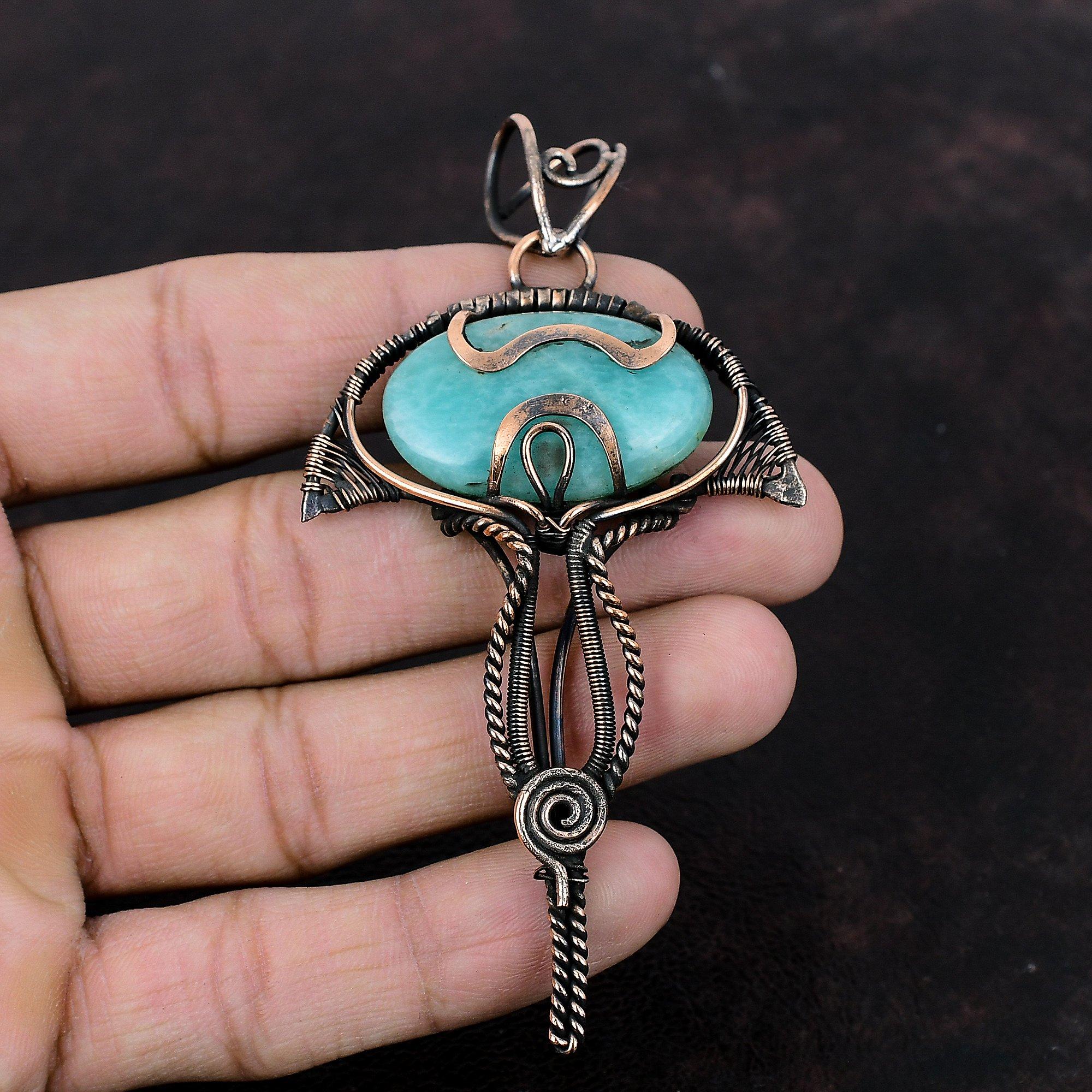 Amazonite Pendant Copper Wire Wrapped Gemstone Pendant Real Amazonite Jewelry Ethnic Style Pendant Handmade Copper Jewelry Anniversary Gift