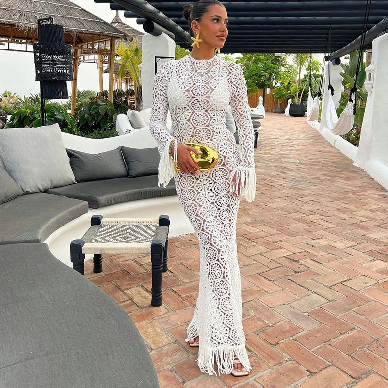 Sexy Tassel Hallow Out Midi Dress Women Solid Long Sleeve O-neck Holiday Slim Dresses Female 2024 Summer Fashion Crochet Robe