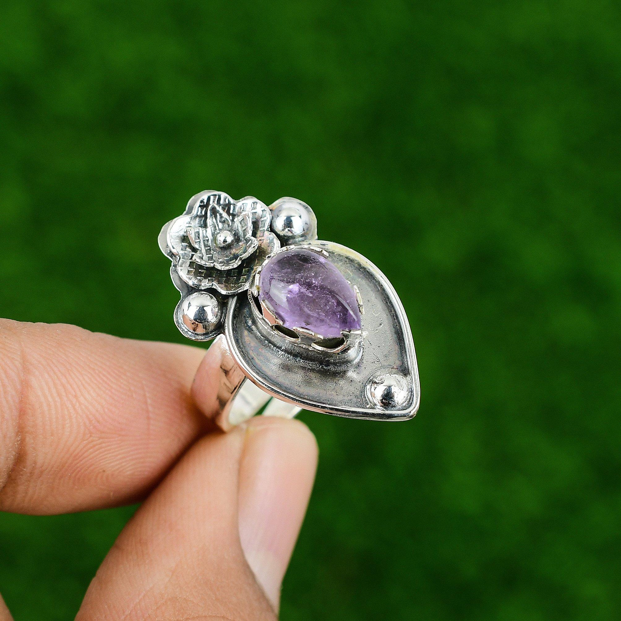 925 Silver Natural African Amethyst Stackable Flower Adjustable Ring