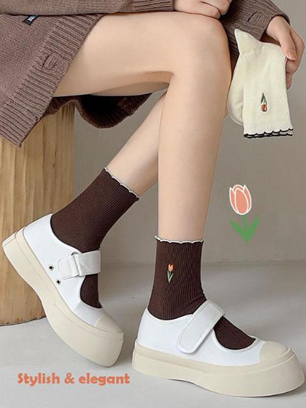 3 Pairs of Women's Socks Set Spring and Summer Thin Breathable Ruffle Edge Socks All Cotton Cute Women's White Printed Socks