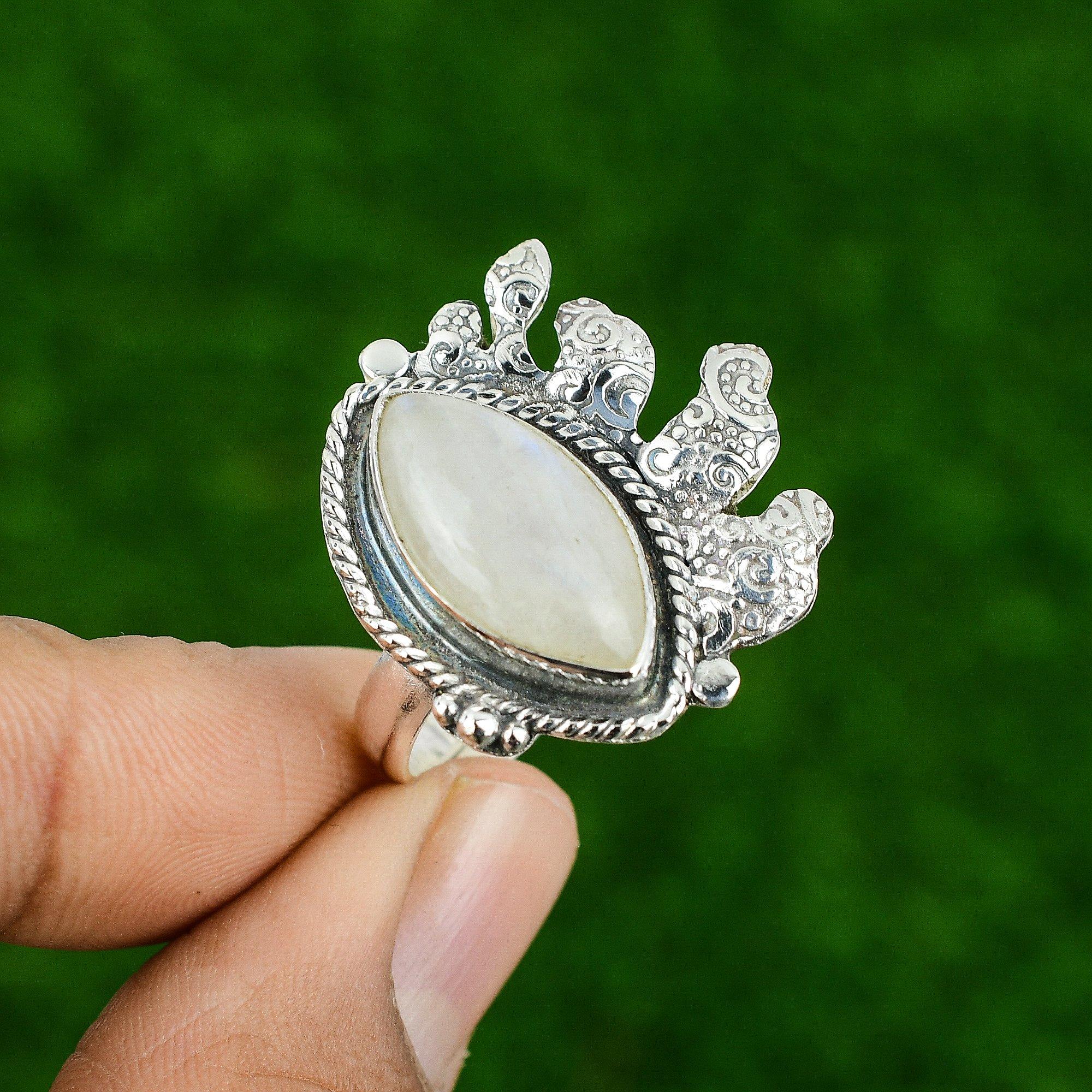 Natural Rainbow Moonstone Gemstone Multi Stone Adjustable Ring 925 Silver