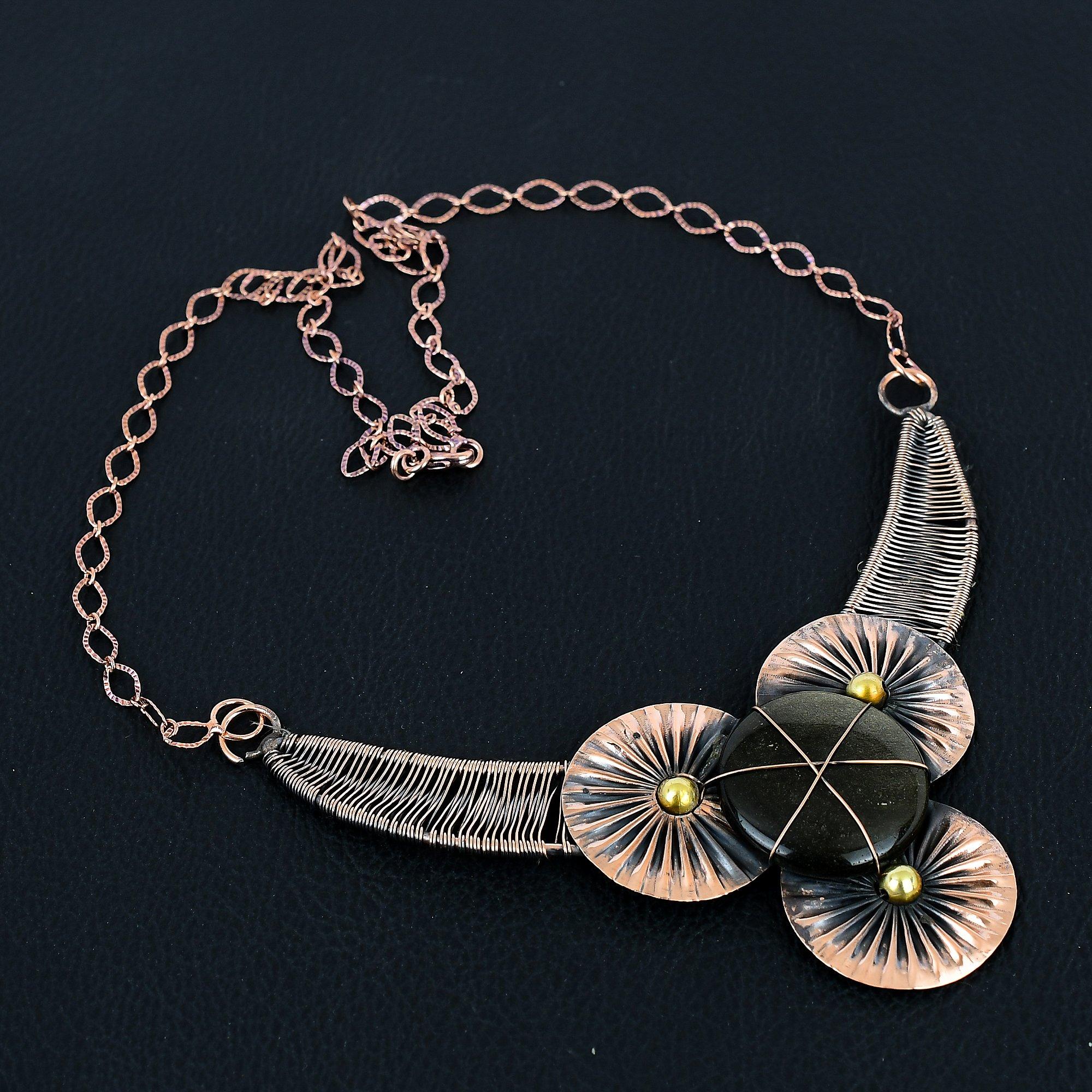 Silver Sheen Obsidian Gemstone Handmade Pure Copper Wire Wrap Jewelry Necklace For Women