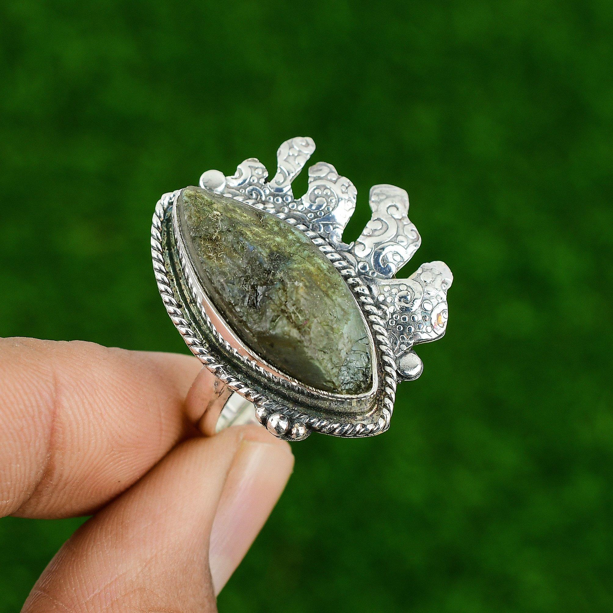 Natural Labradorite Rough Gemstone Stackable Adjustable Ring 925 Sterling Silver