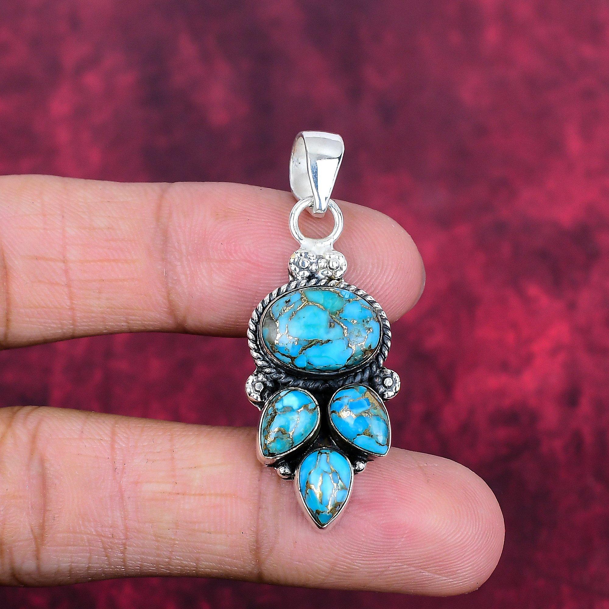 Blue Copper Turquoise Handmade Gemstone Pendant, 925 Solid Sterling Silver Pendant Antique Jewelry, For Engagement Gift