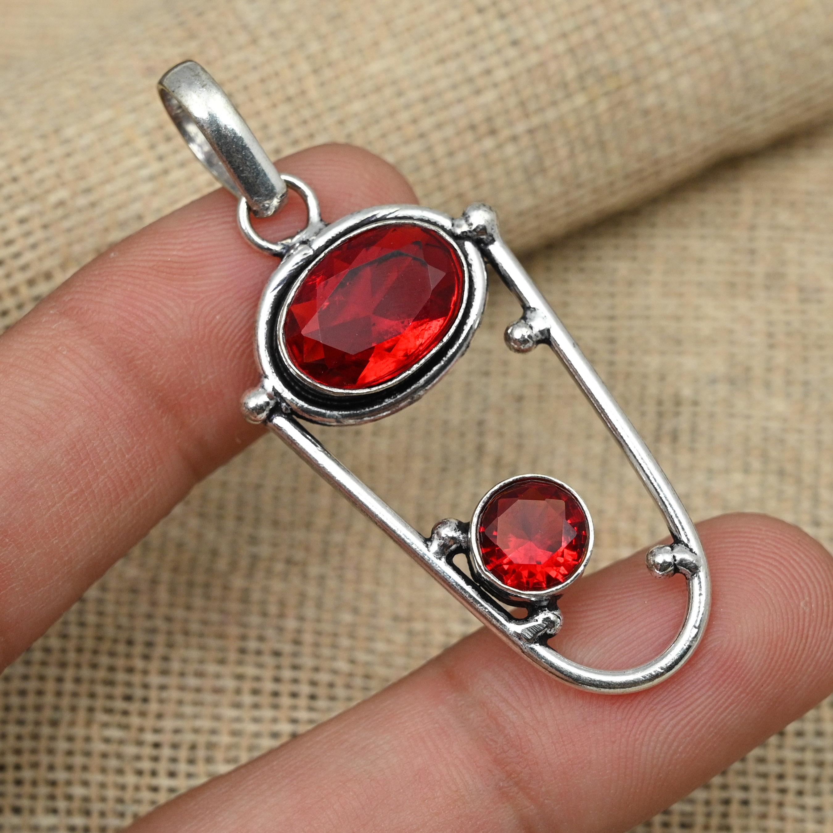 Red Garnet Gemstone 925 Sterling Silver Handmade Precious Pendant Jewelry For Her