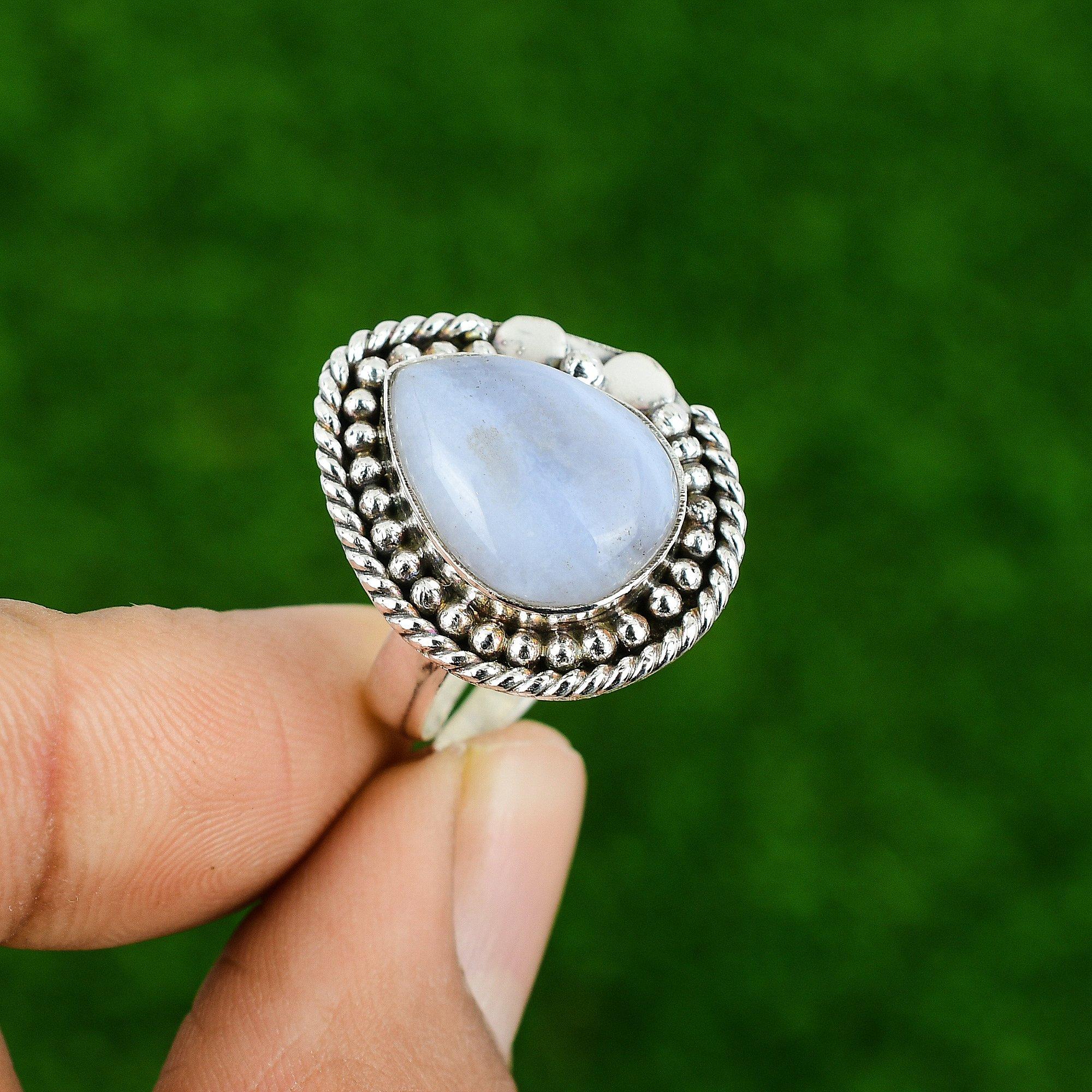 Mothers day Sale Blue Lace Agate Stone 925 Sterling Silver Bezel Wedding Ring