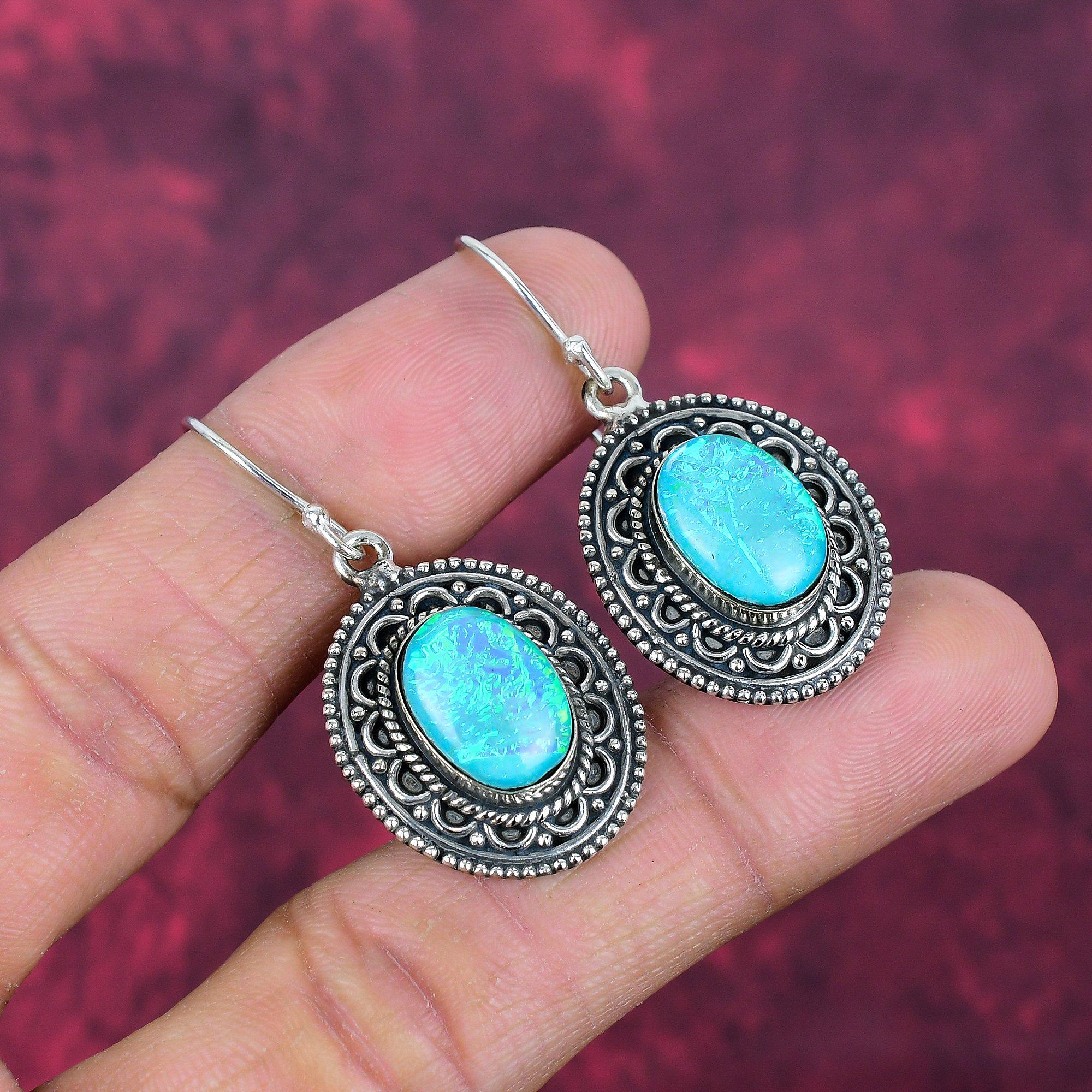 Blue Triplet Opal Earrings Gemstone Jewelry, 925 Solid Sterling Silver Handmade Earrings, Latest Design Jewelry