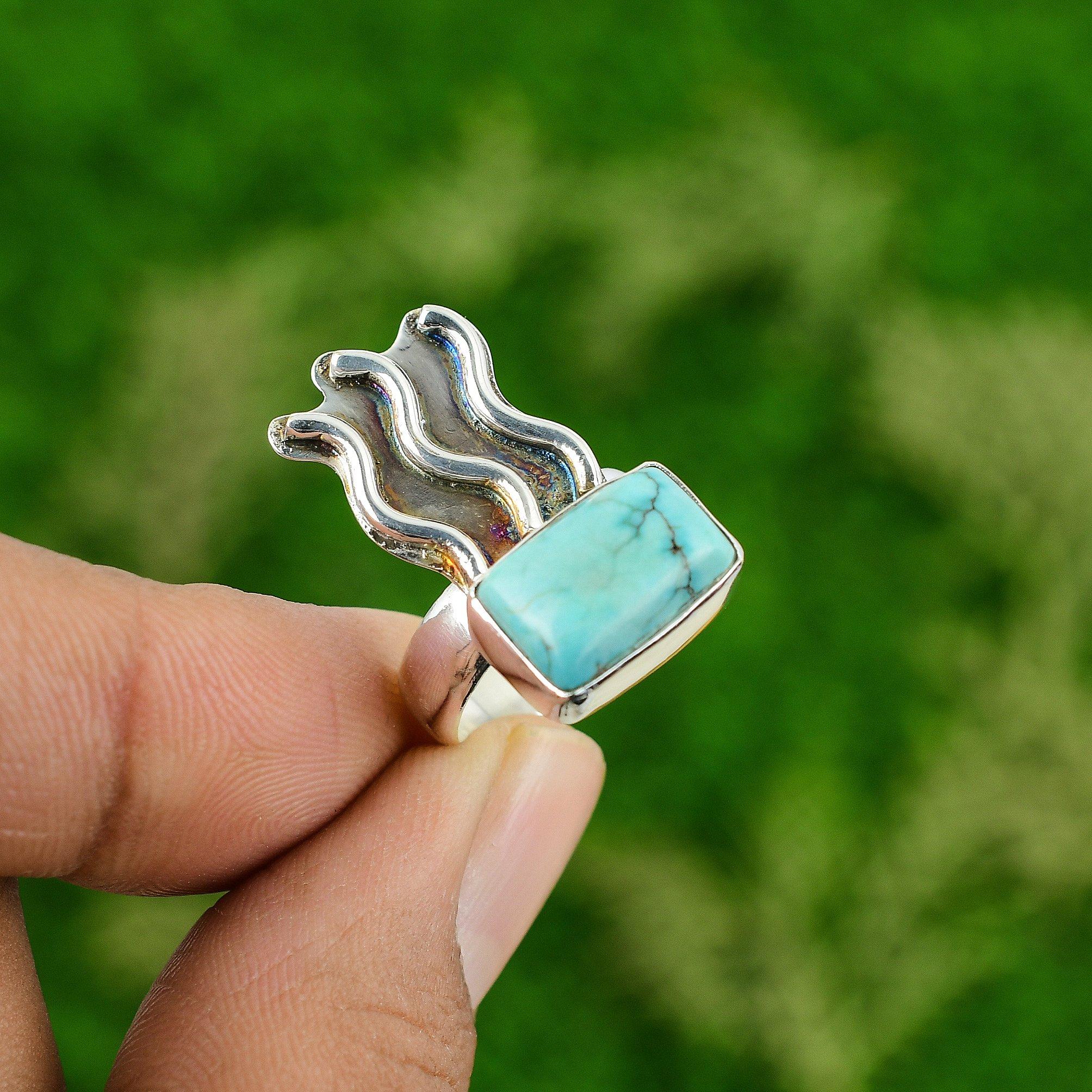 Natural Tibetan Turquoise 925 Silver Multi Stone Ring Size 6.75 For Girls