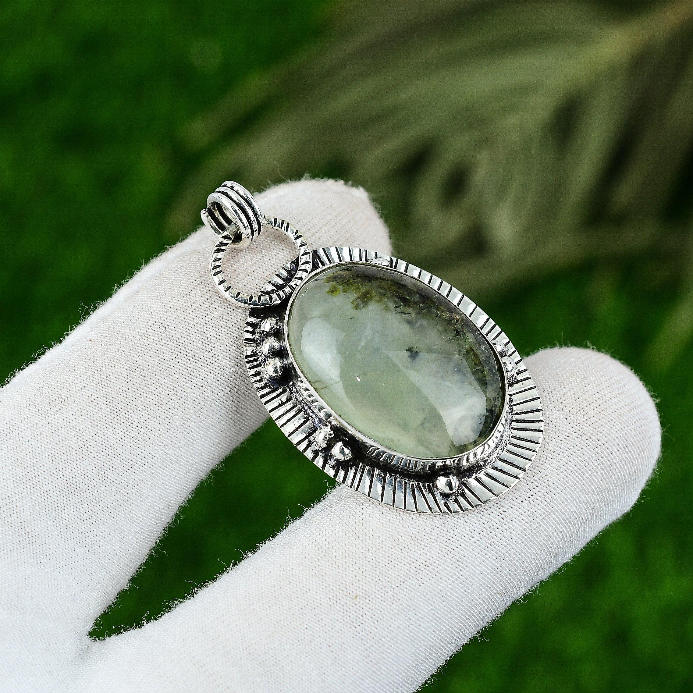 Daughters Day Deal 925 Silver Oval Natural Prehnite Wife Bezel Pendant Jewelry