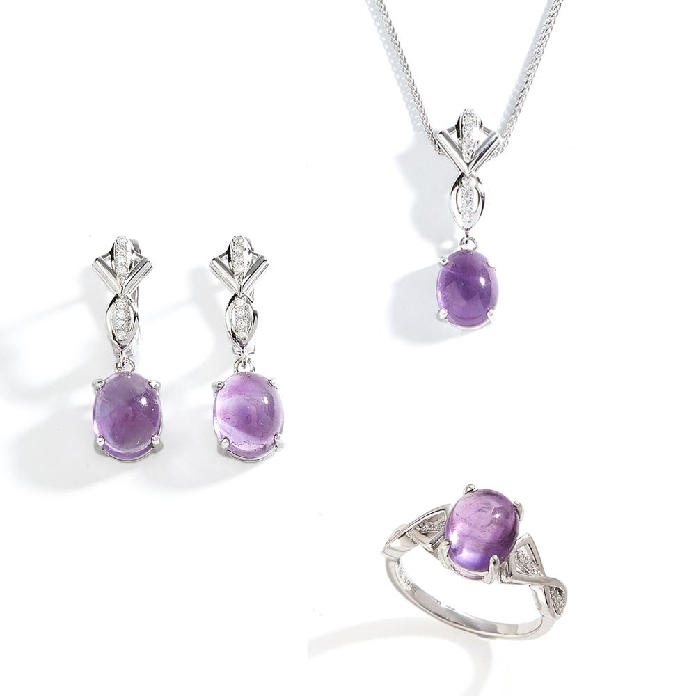 925 Sterling Silver jewelry set rings earrings necklace Natural Amethyst oval 8*10mm fine jewelry for women's banquet gifts