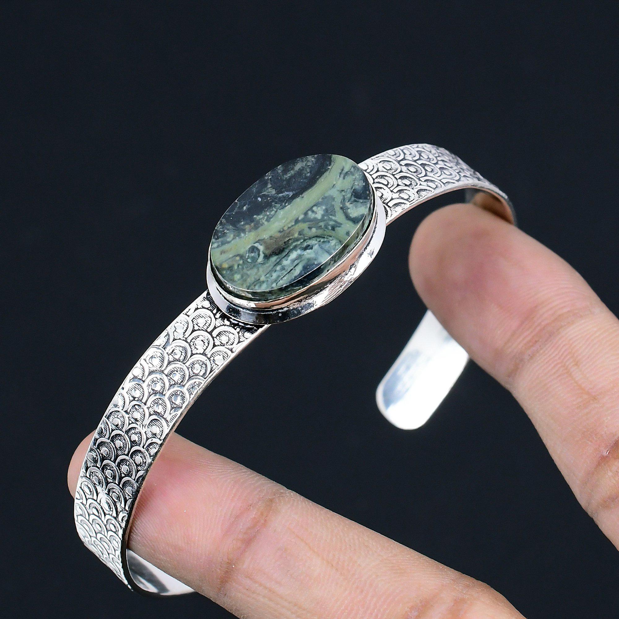 Vente Journée de la Femme Argent 925 Ovale Jaspe Kambaba Pierre Précieuse Bohème Bracelet Manchette Bijoux pour Femme