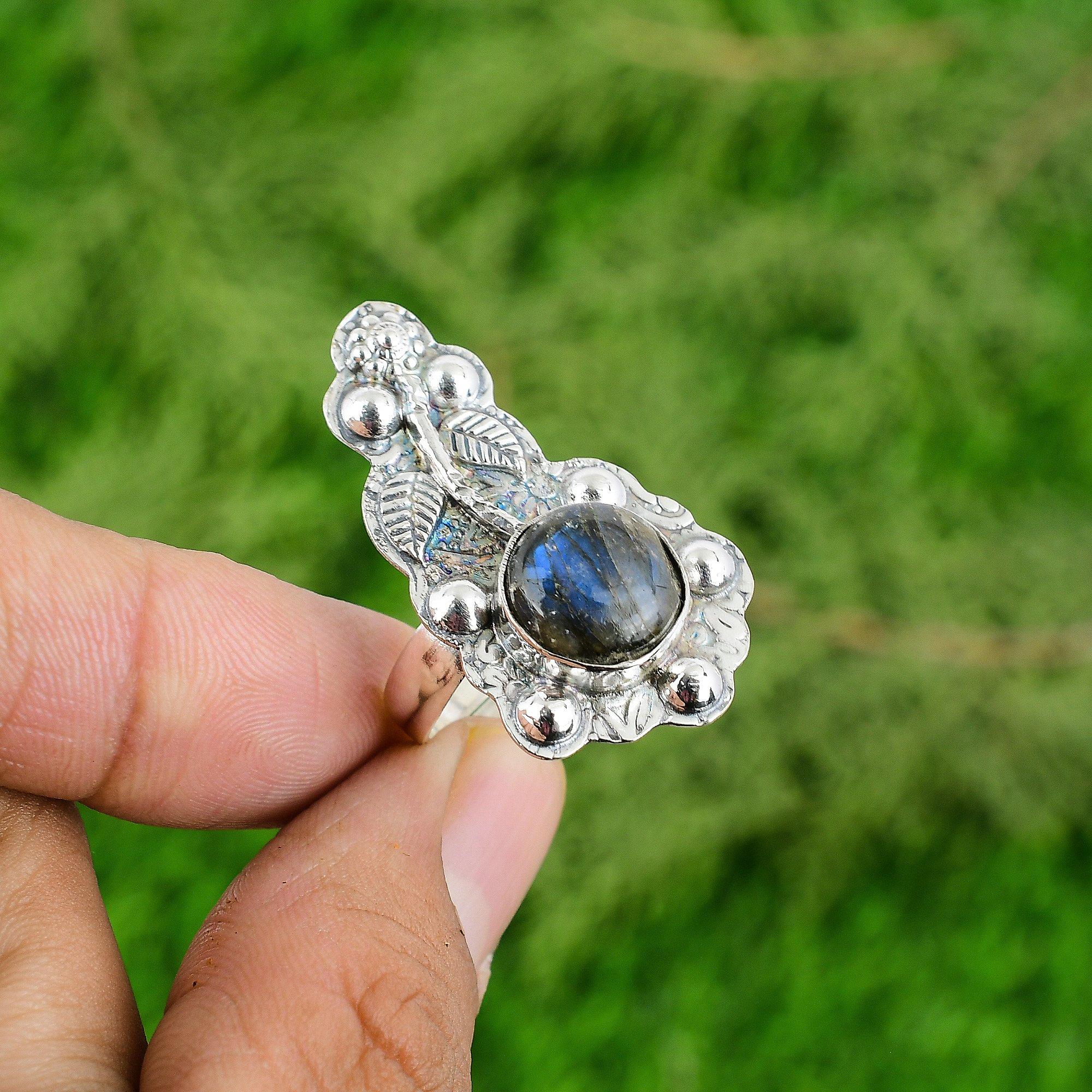 925 Sterling Silver Round Labradorite Stone Unique Birthday Flower Ring Jewelry