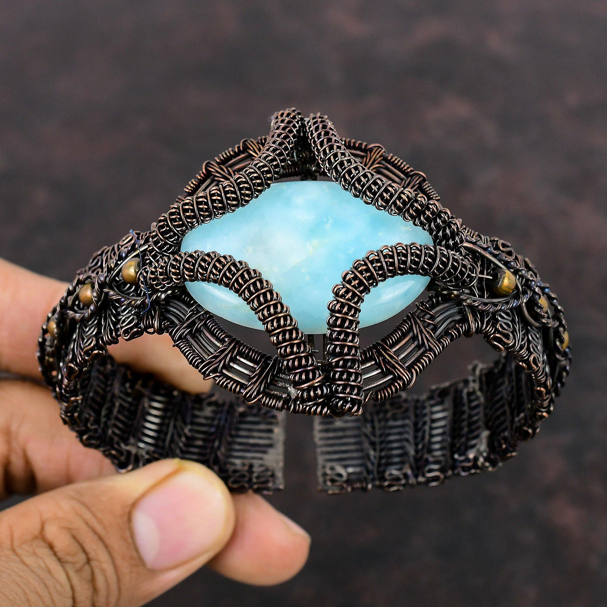 Larimar Manschettenarmband Kupferdraht gewickelt Schmuck verstellbar Manschette Edelstein Armreif Kupferdraht Manschettenarmband handgemachte Armreif Geschenk für Mutter