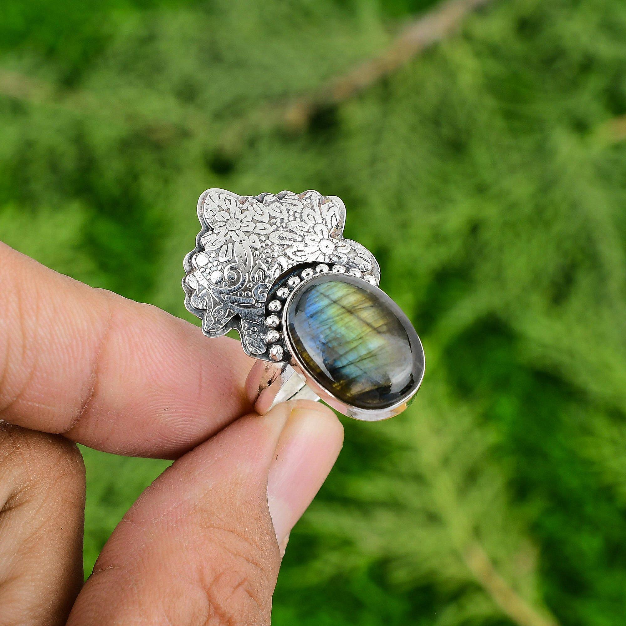 Easter Sale Oval Natural Labradorite Ethnic Bezel Statement Ring Sterling Silver