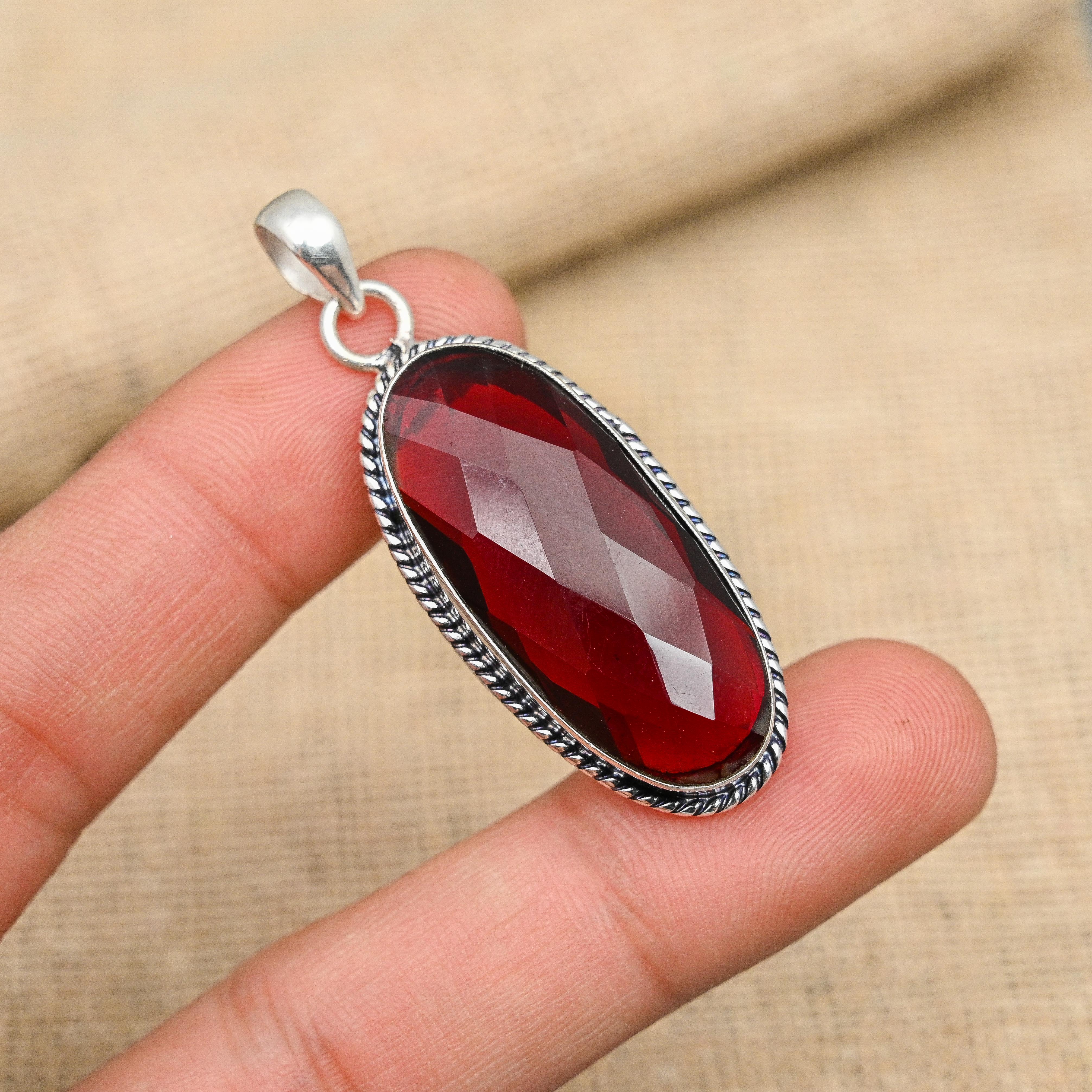 Red Garnet Gemstone Handmade 925 Sterling Silver Pendant Jewelry For Love