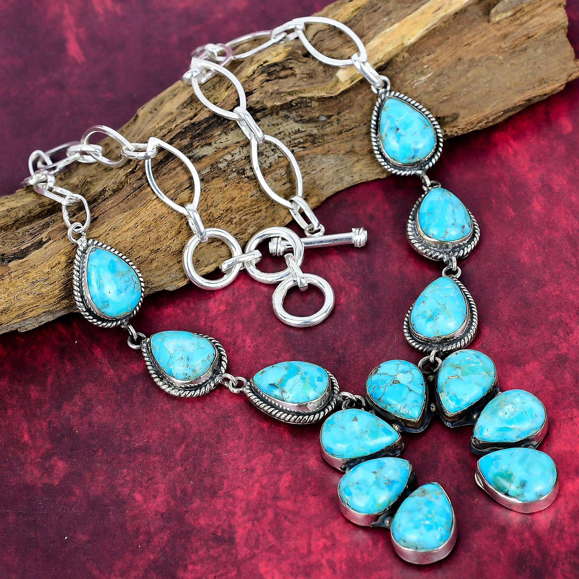 Blue Turquoise Handmade Gemstone Necklace, 925 Solid Sterling Silver Antique Jewelry Adjustable Chain Necklace, For Engagement Gift