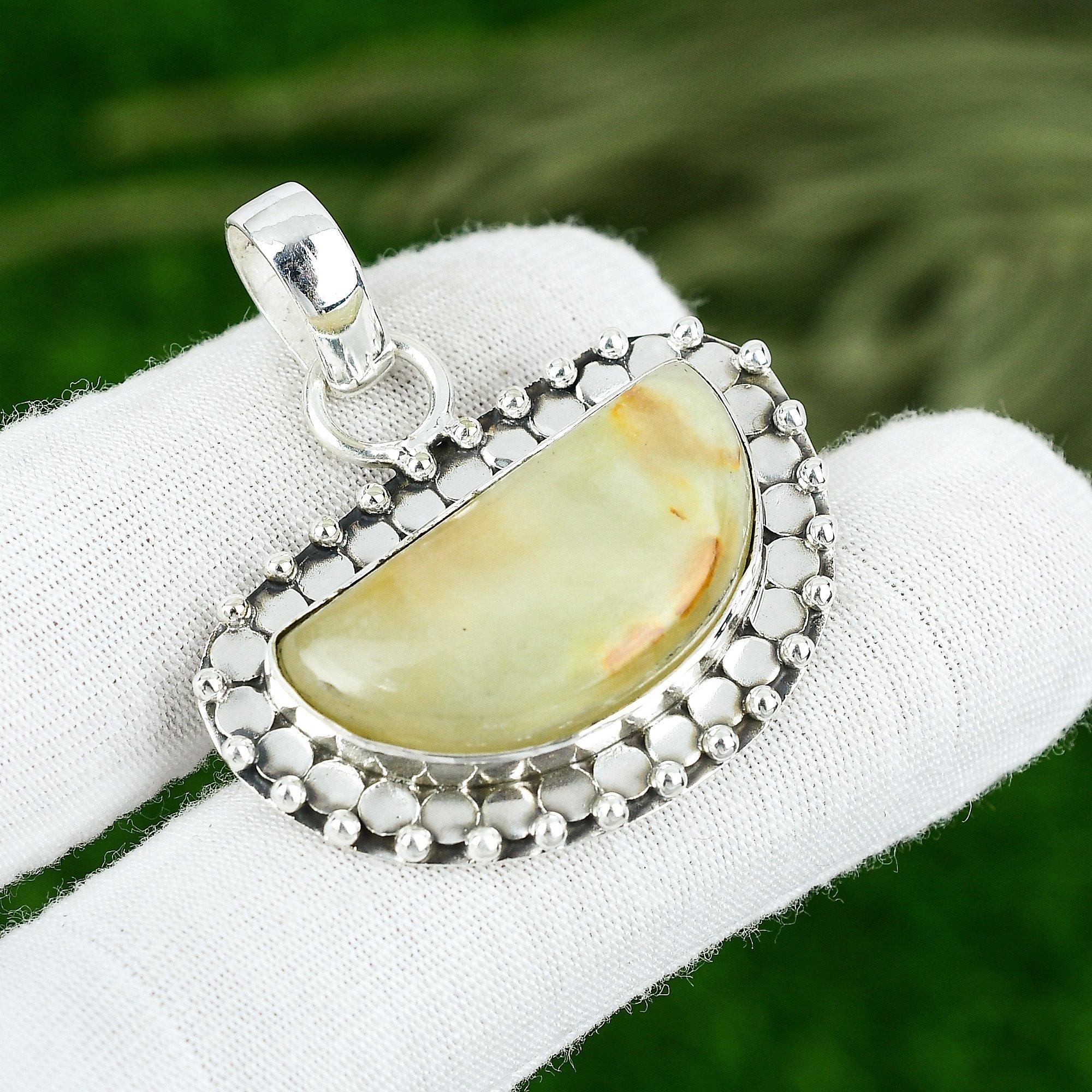 Gift For Her 925 Sterling Silver Natural Prehnite Gemstone Jewelry Pendant