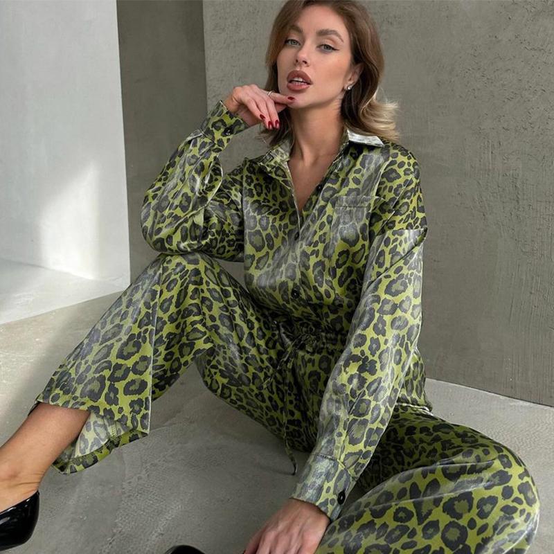 Women's Silk Fabric Long Pants Set Leopard Button Up Collar Shirt Elastic Waist Loose Wide Leg Pants Daily Commuting 2-piece Set