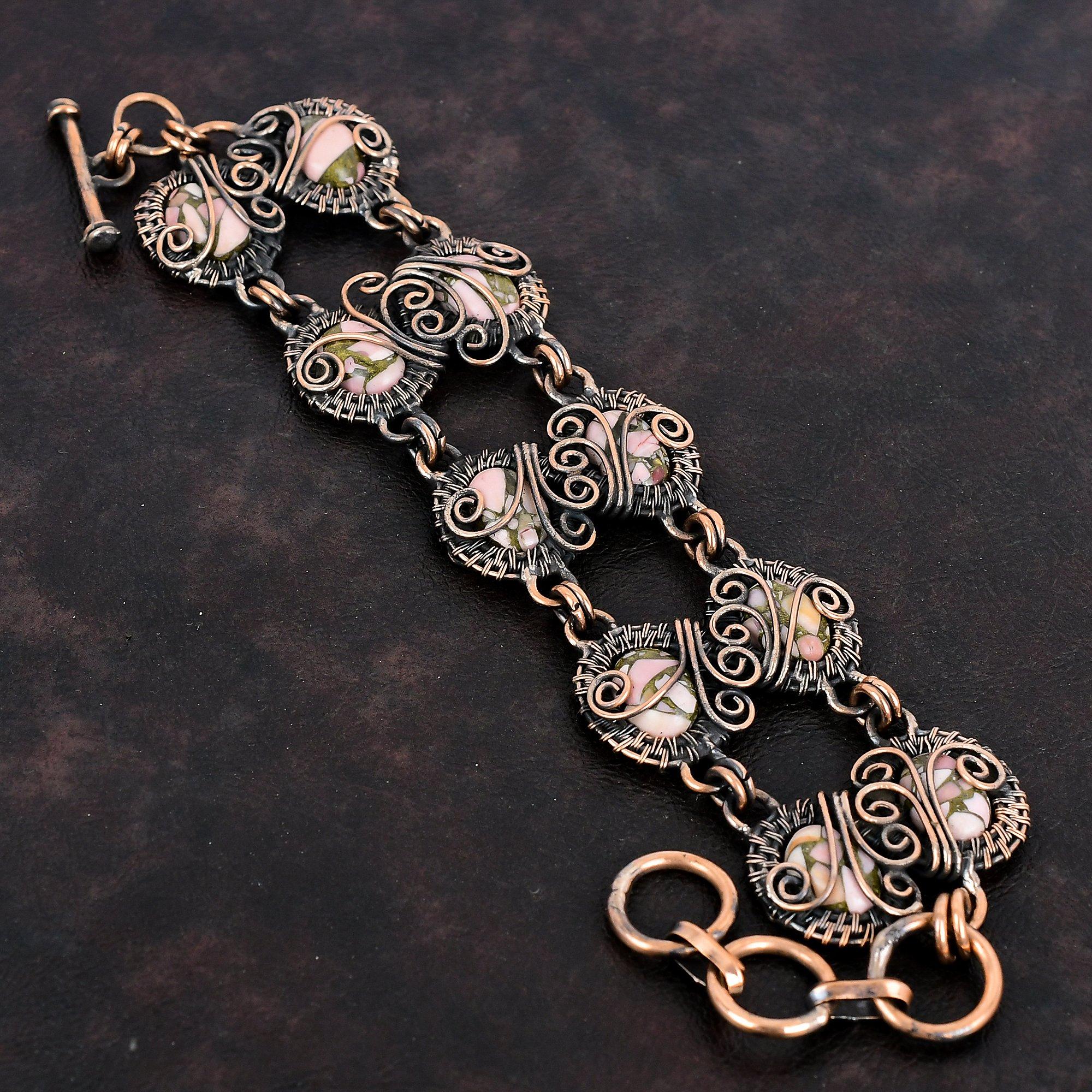 Copper Pink Opal Bracelet Copper Wire Wrapped Bracelet Adjustable Chain Bracelet Handmade Gemstone Jewelry Anniversary Gifts Copper Jewelry