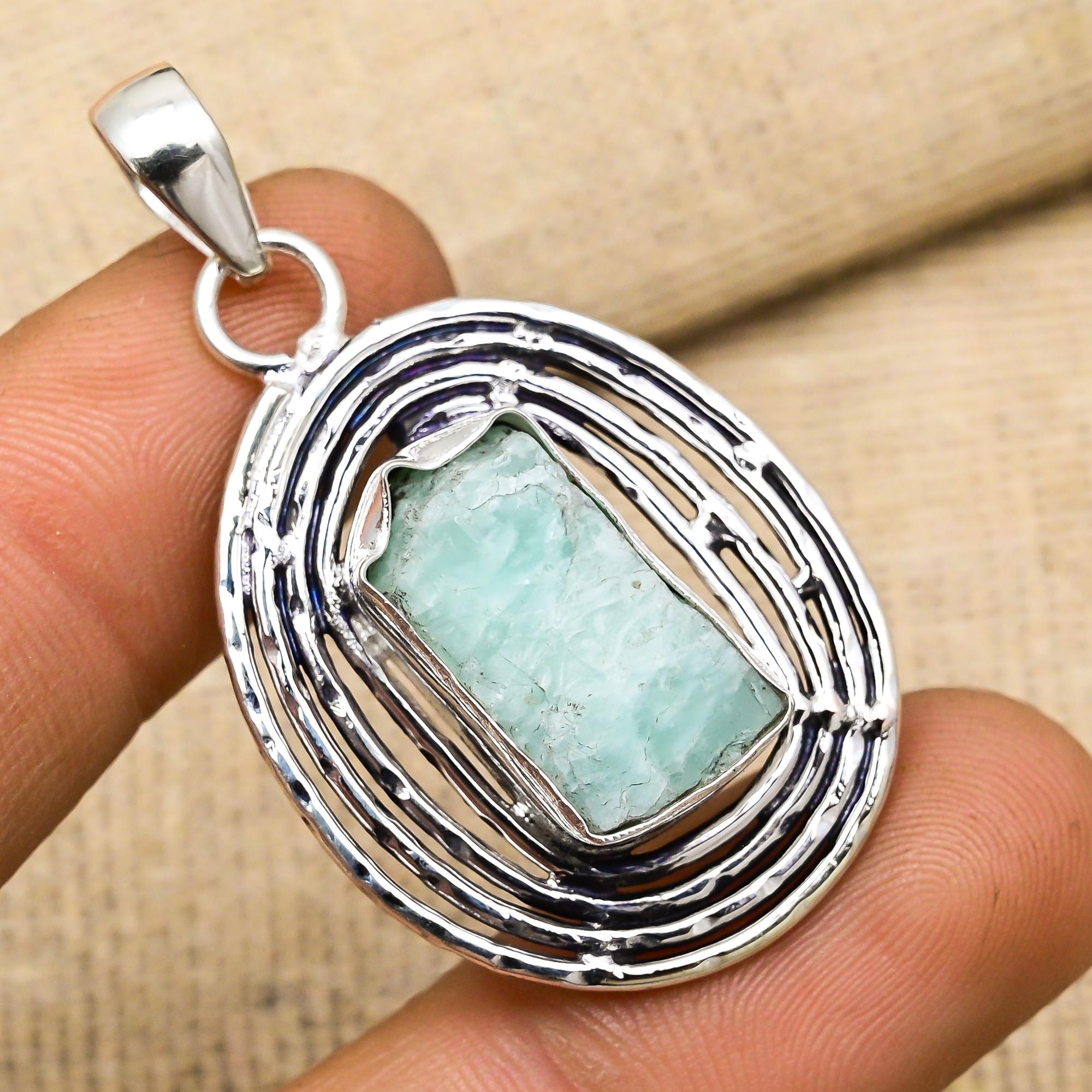 Rough Amazonite Gemstone Handmade 925 Sterling Silver Jewelry Pendant For Wedding Gift