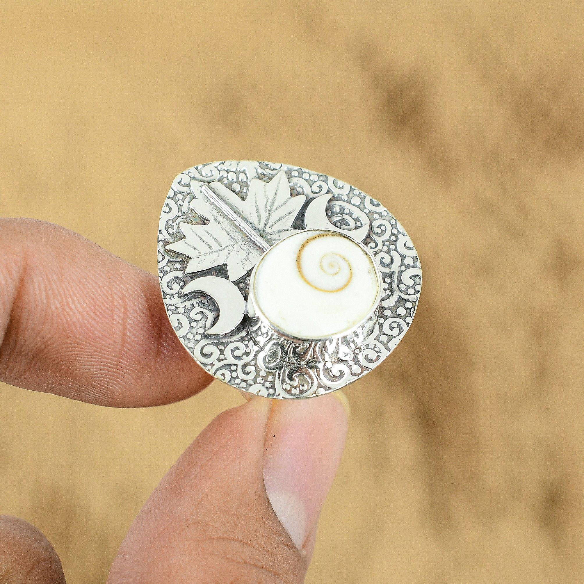 Natürliche Shiva-Auge-Muschel Versprechen Halbmond Verstellbarer Ring 925 Silber