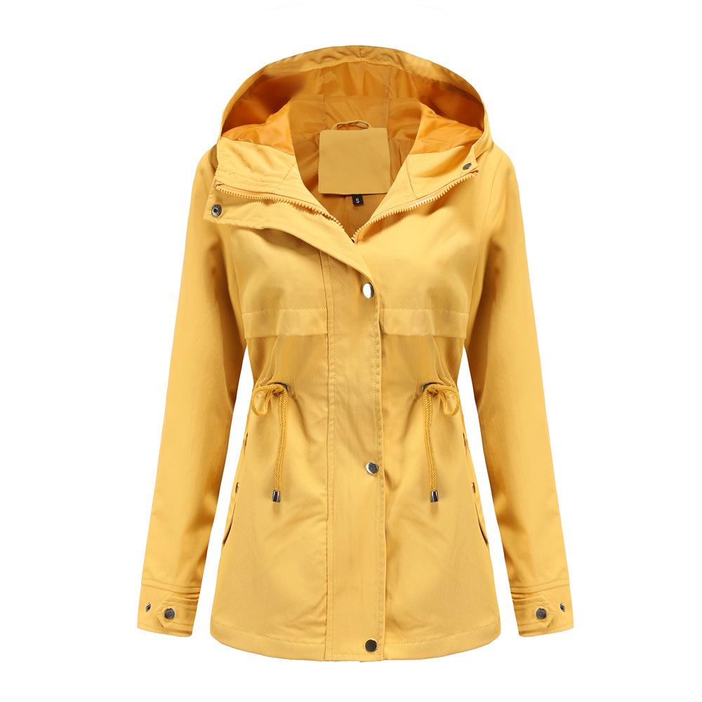 Kvinner Høst Hette Ensfarge Langermet Høy midje Snøring Windbreaker S-3XL